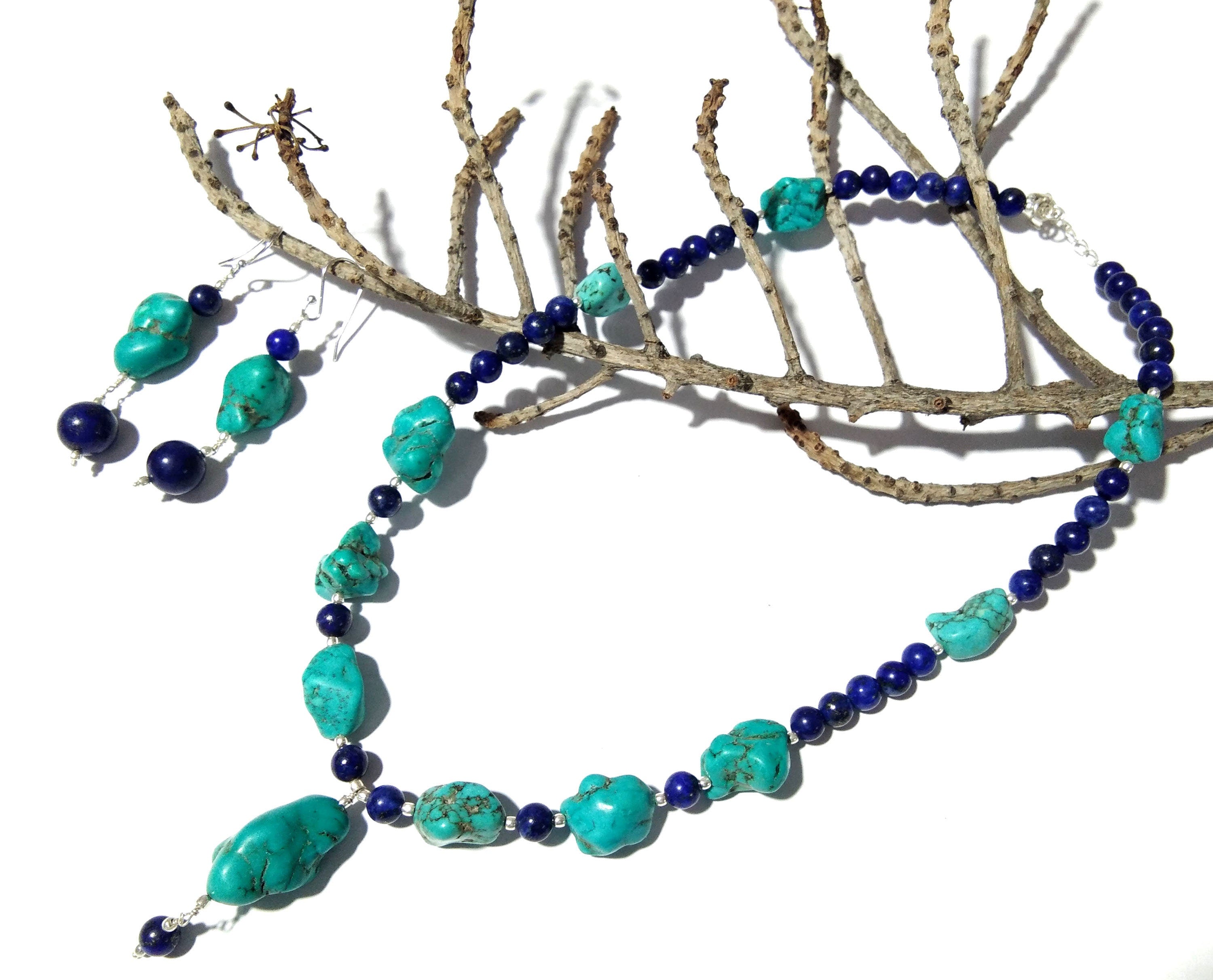 Long Natural Turquoise Rough Gemstone Necklace and Earring, Top Color Dark Blue Lapis Lazuli 925 Sterling Silver Handmade Jewelry Gift Women