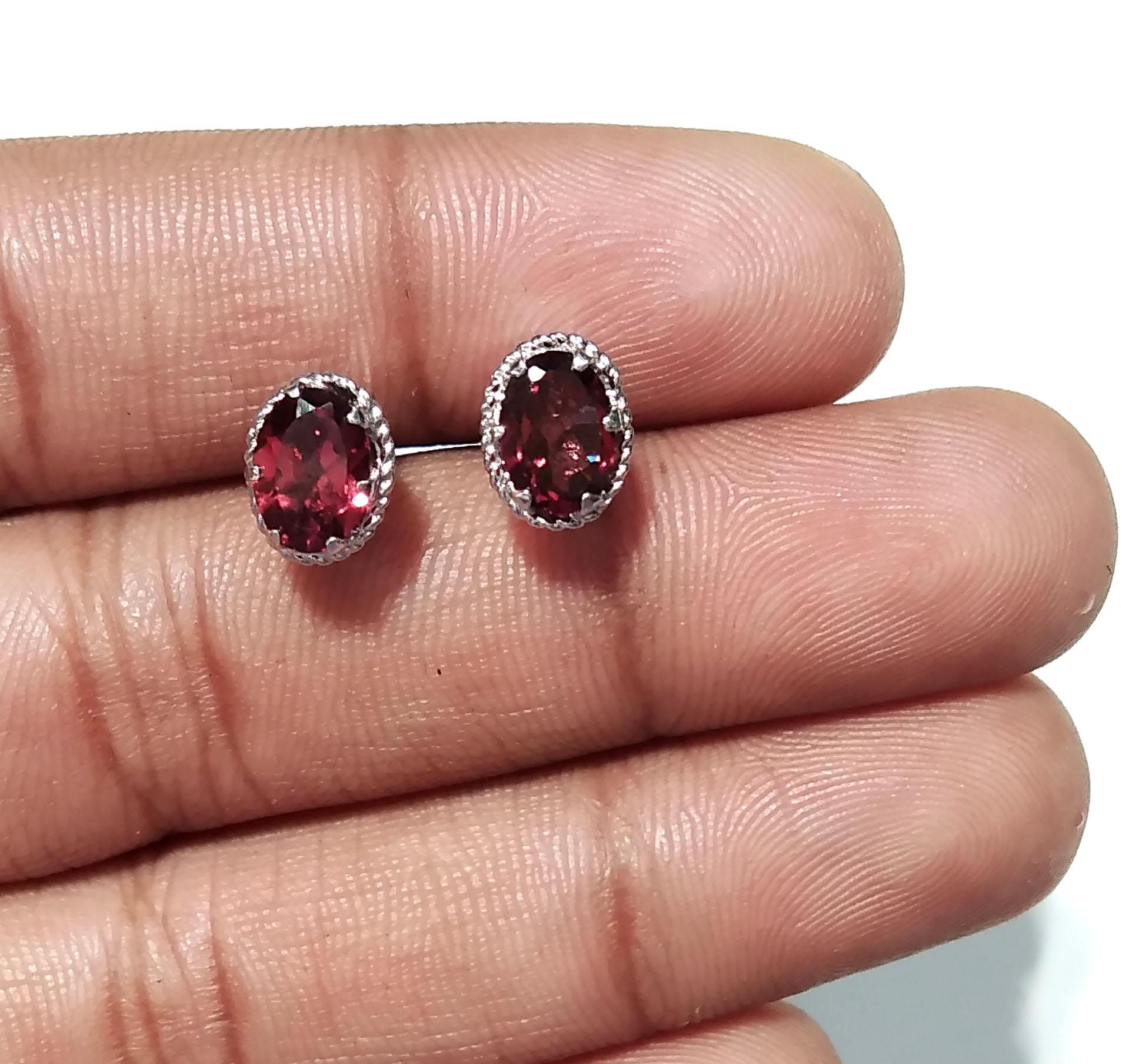 Natural Garnet Stud Earrings, 925 Starling Silver Earring Jewelry, Red Garnet Gemstone Oval Shape Stone Size 7x5 mm Christmas Gift For Her