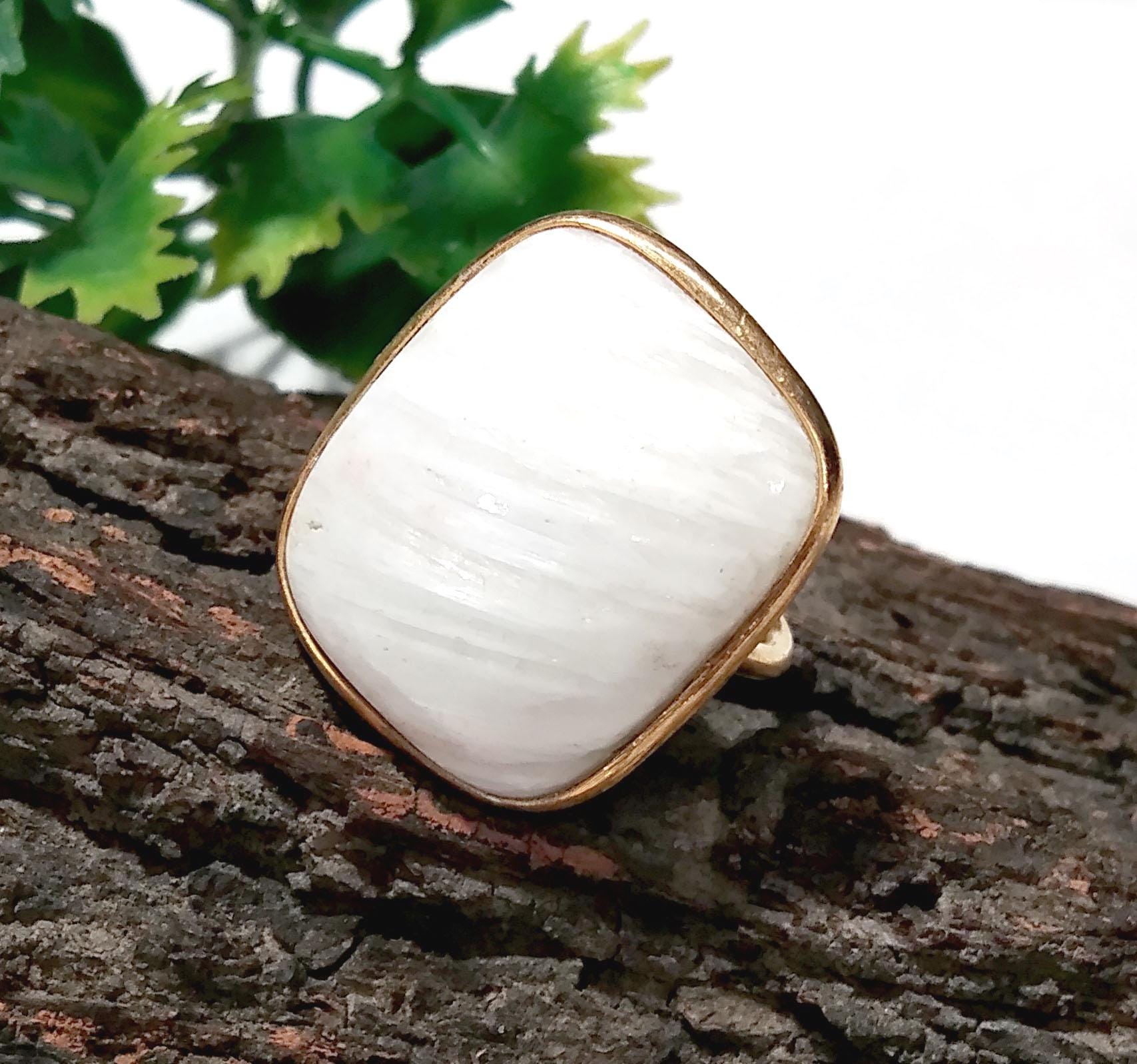 Natural White Scolecite Rings, Solid 925 Starling Silver Gold Plated Rings, Jewelry Stone Size 21x18 mm Handmade Gift Wedding Ring Jewelry