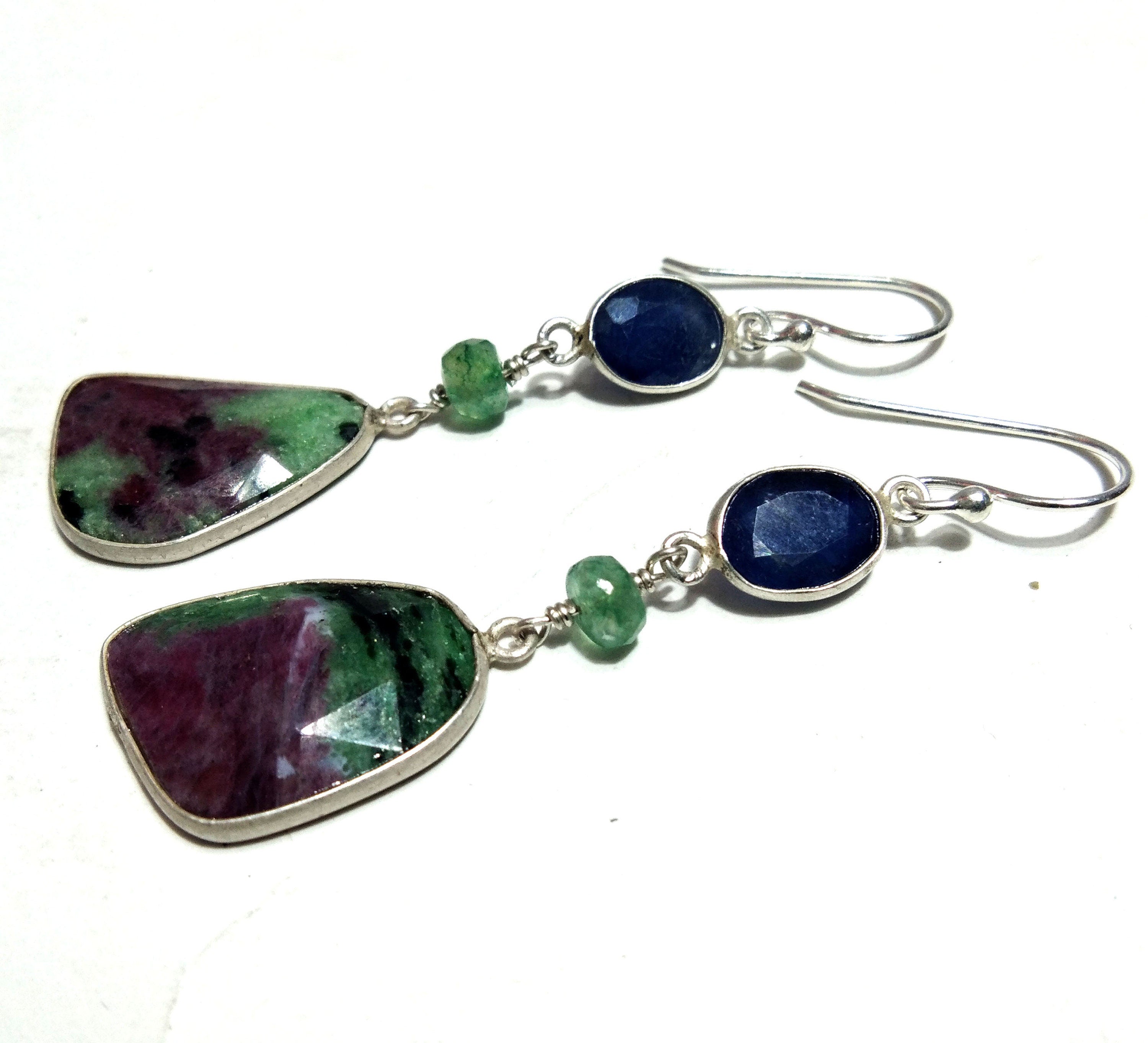 Ruby Zoisite & Blue Sapphire Earring, Amazing Design Bezel Stylish Earring,925 Starling Silver With Natural Gemstone Earring For Girls/Women