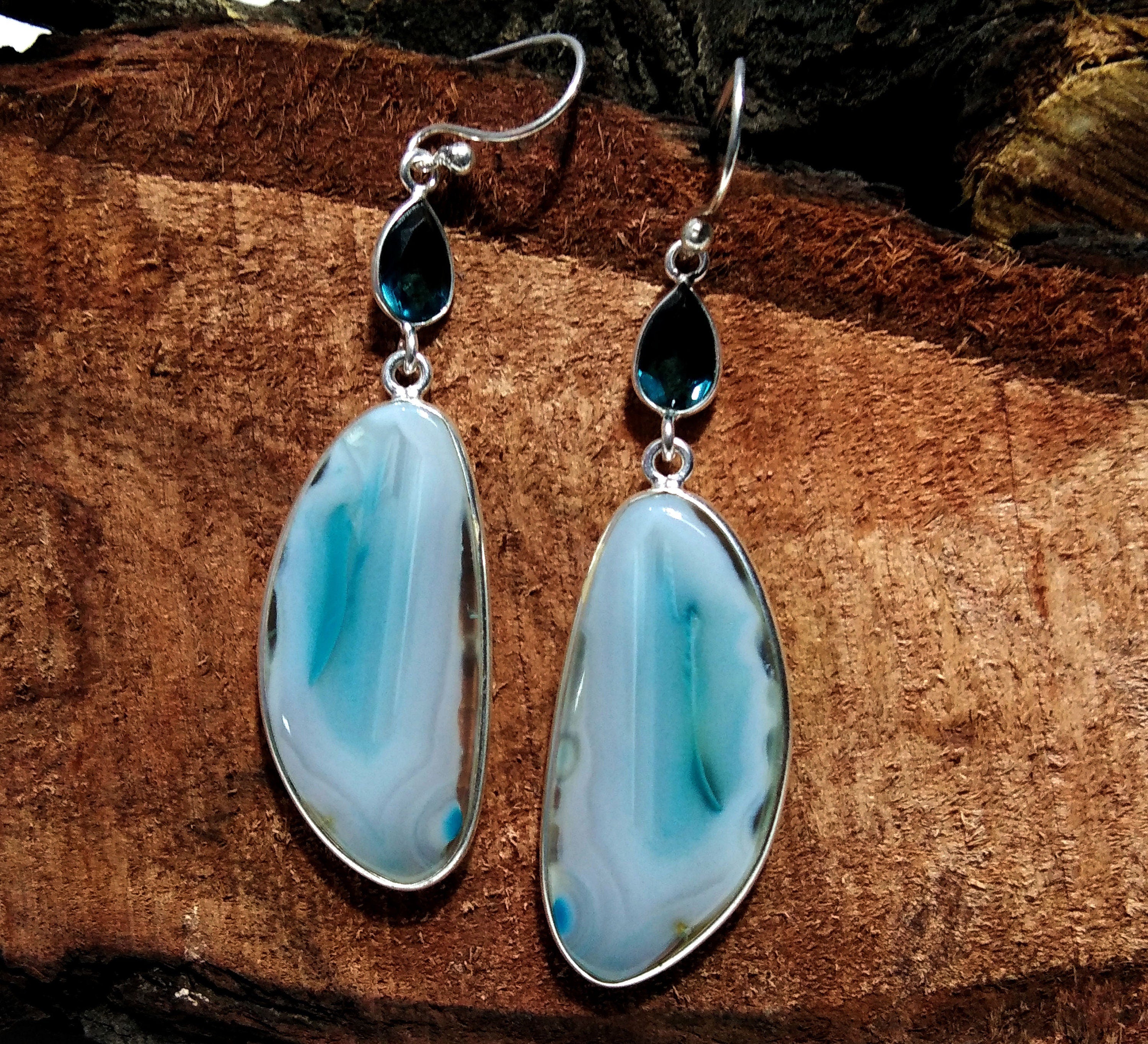 Natural Sky Blue Banded Agate/Topaz Gemstone Earring, 925 Solid Starling Silver Earring, Stone Size 32x15mm For Gift Wedding Earring Jewelry