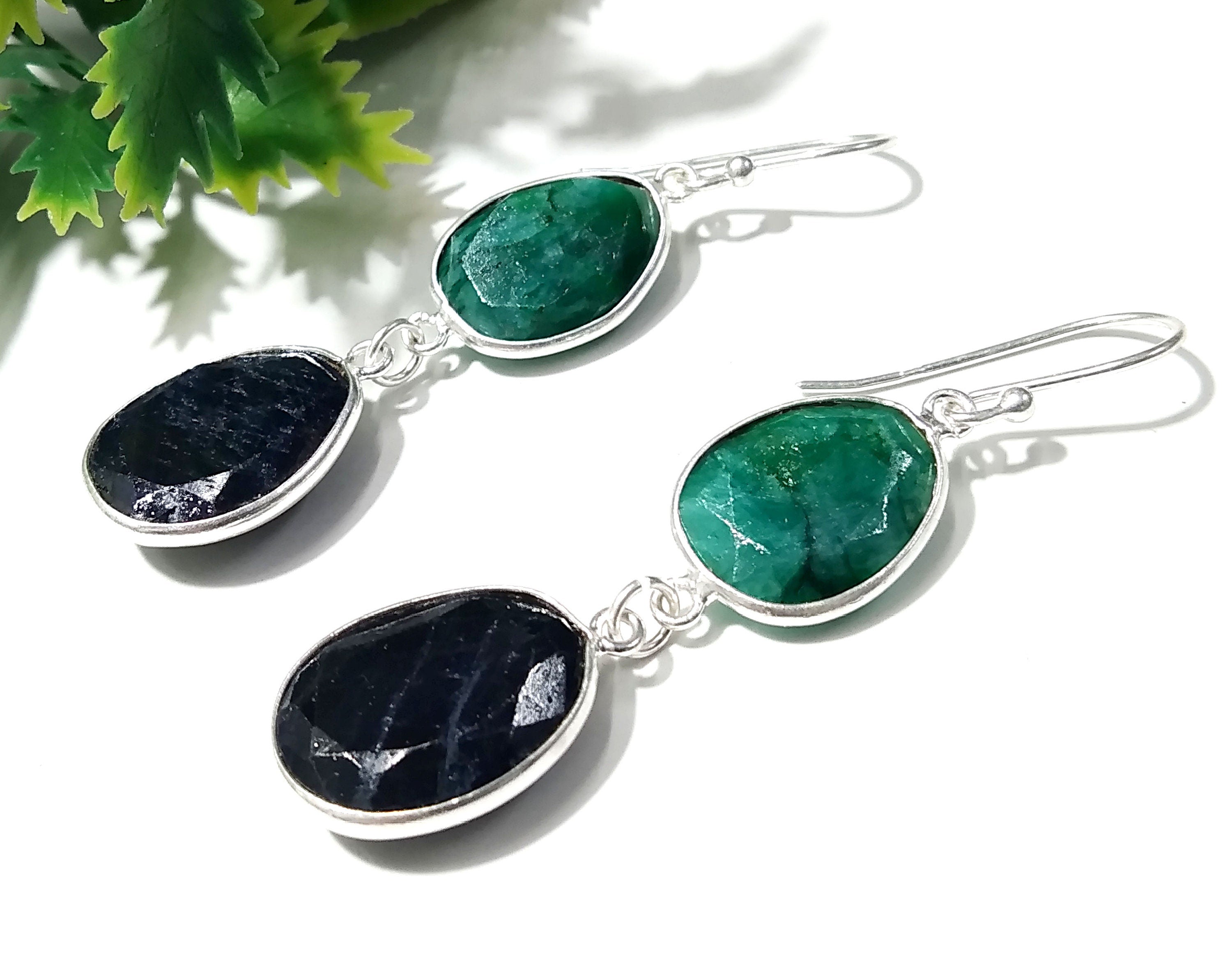 Natural Emerald, Blue Sapphire Stone Earring, 925 Solid Starling Silver Earring Gemstone, Gift Wedding Earring, Jewelry Birthstone Earring