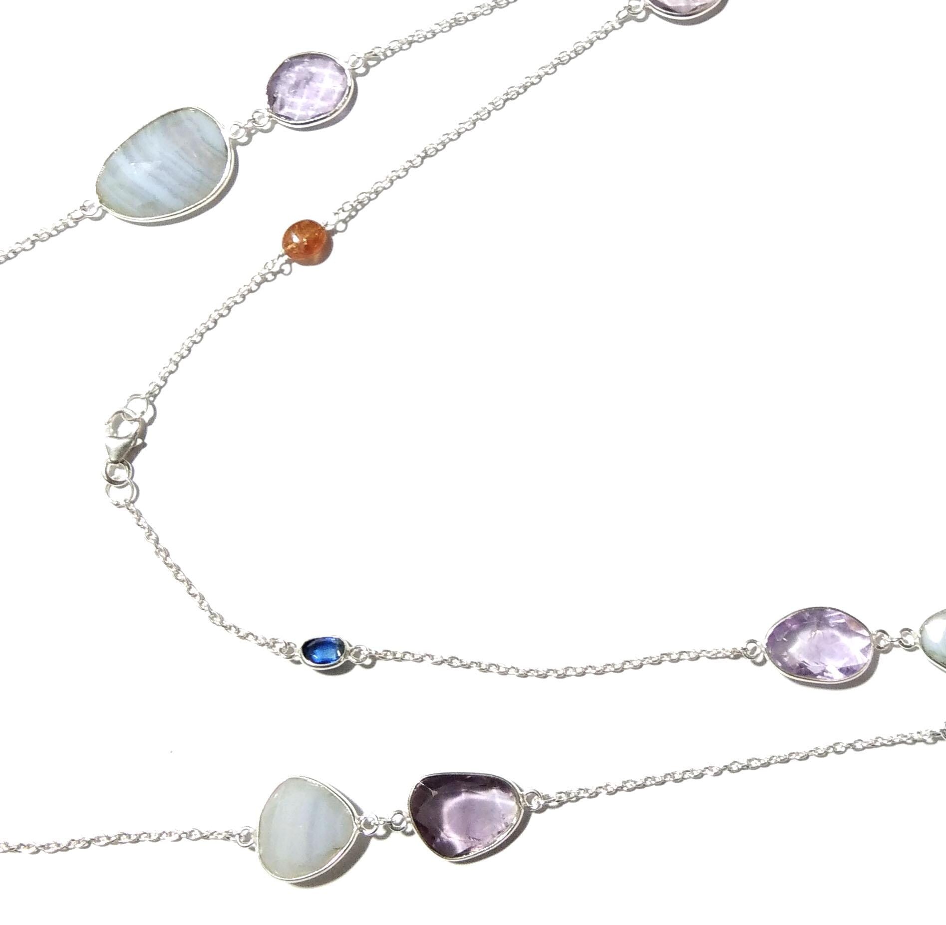 42'' Log Chain Bezel Necklace ! ALL Natural Gemstone Kyanite, Tourmaline, Amethyst & Blue Lace Necklace, 925 Solid Sterling Silver Jewelry.