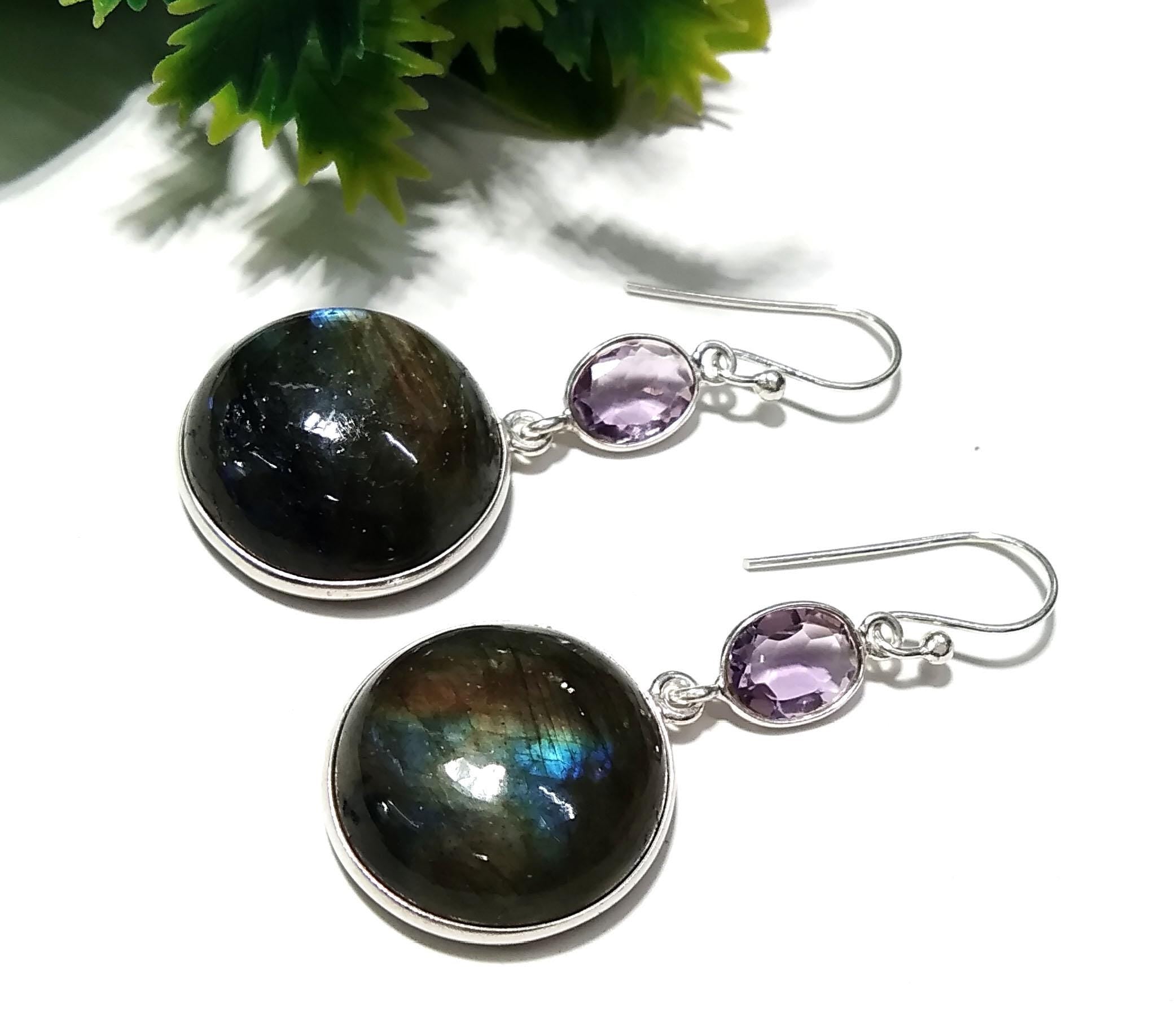 Labradorite, Amethyst Gemstone Earring, 925 Solid Starling Silver Earring, Natural Labradorite Stone Size 20x20mm Gift For Girls & Women.
