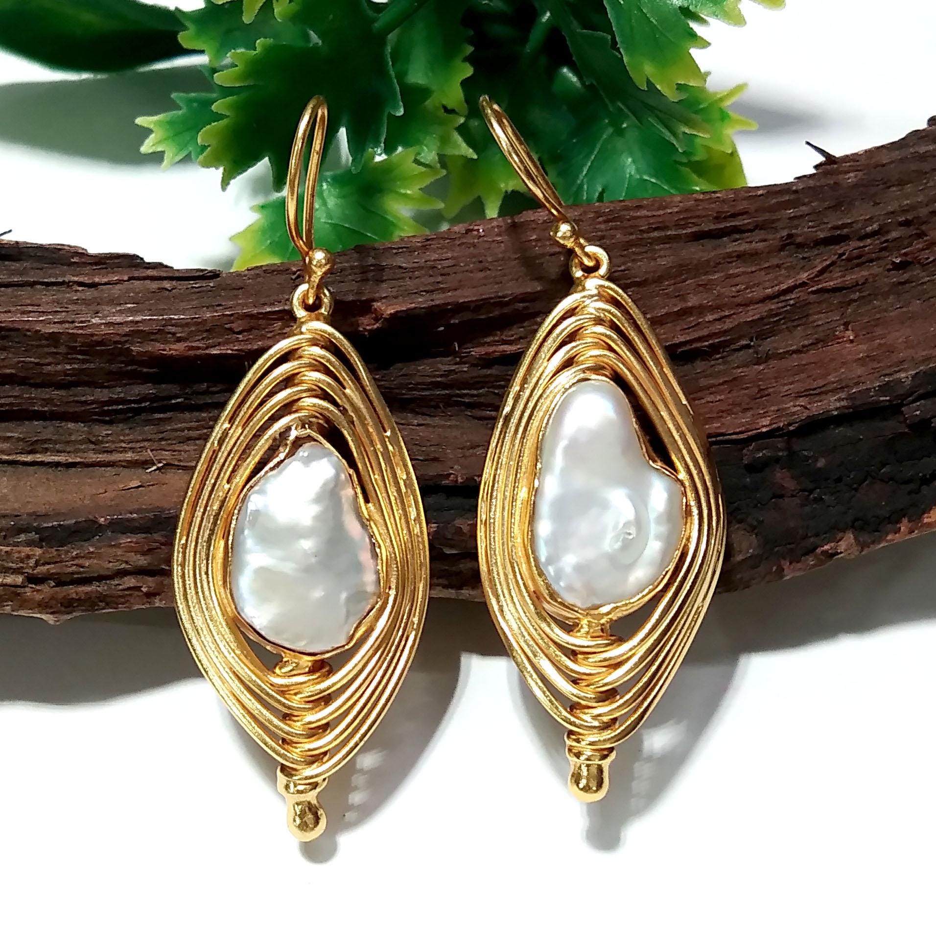 Real Fresh Water Baroque Pearl Earrings, 925 Sterling Silver Gold Plated Earring, Beautiful Pearl Size 15x11mm For Her Gift Birthday Earring