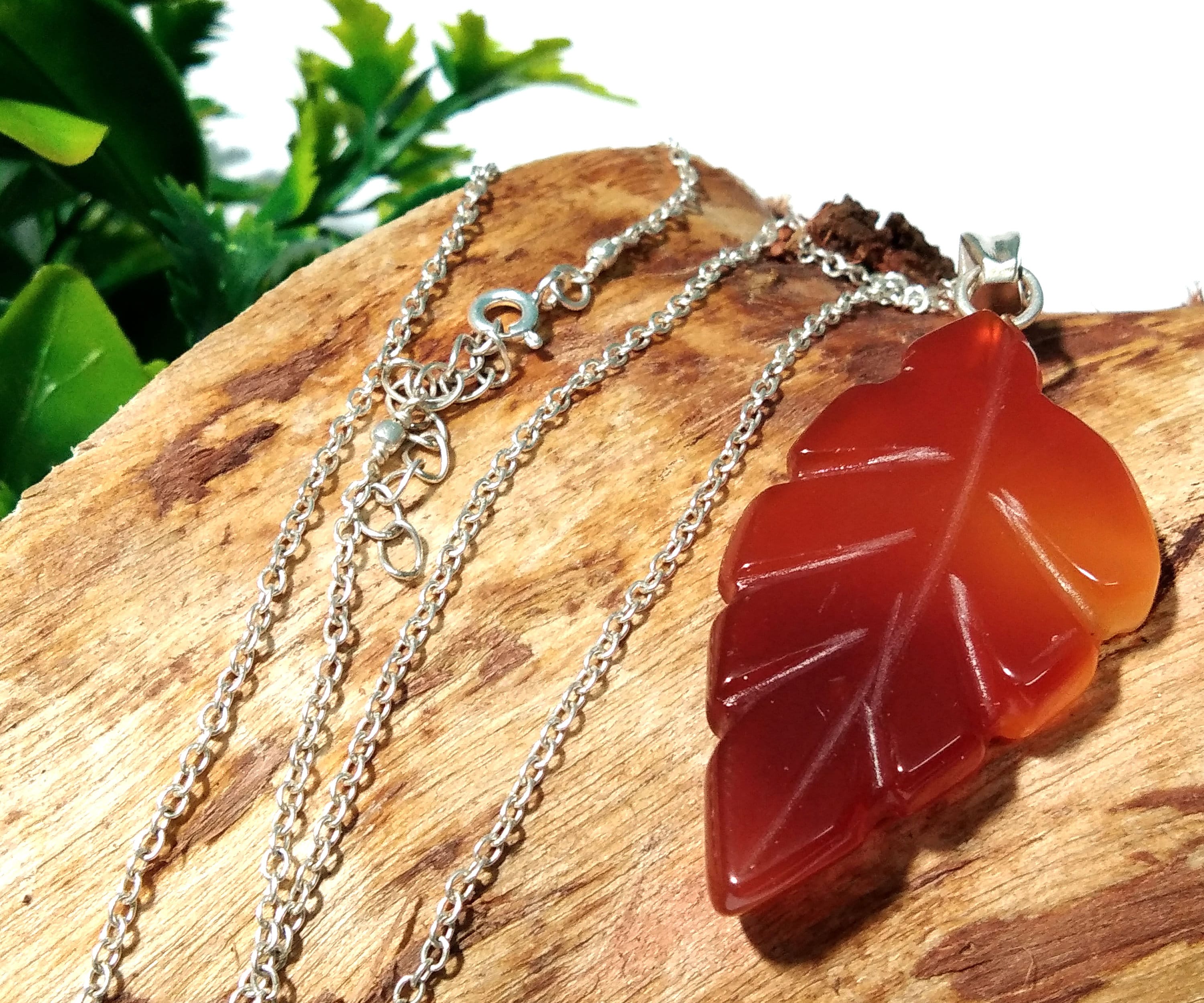 Natural Red Onyx Leaf Carving Stone Pendant, 925 Starling Silver Chain Necklace Pendant, Girls & Women Gift Wedding Jewelry