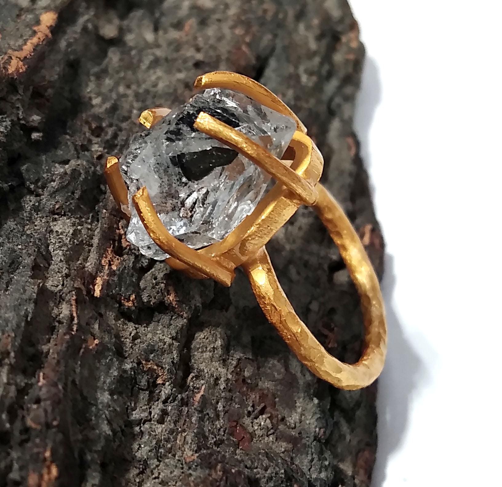 Herkimer Diamond Ring, Raw Herkimer Diamond Ring, 925 Sterling Silver Gold Plated Ring, Nice Design Good Making Gift Ring, For Men & Women.