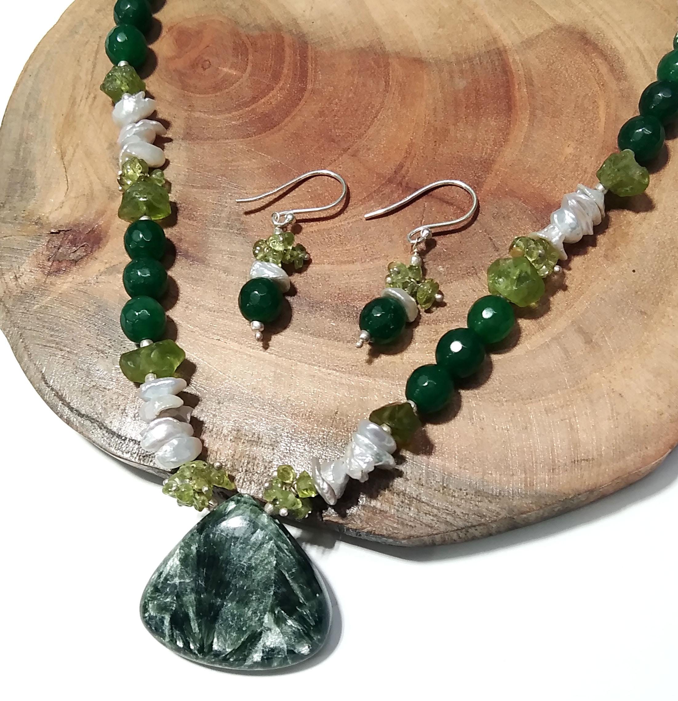 Natural Seraphinite/Peridot/Green Jade Gemstone Beads Necklace Set, Jewelry 925 Sterling Silver Necklace, Beaded Necklace Statement Jewelry