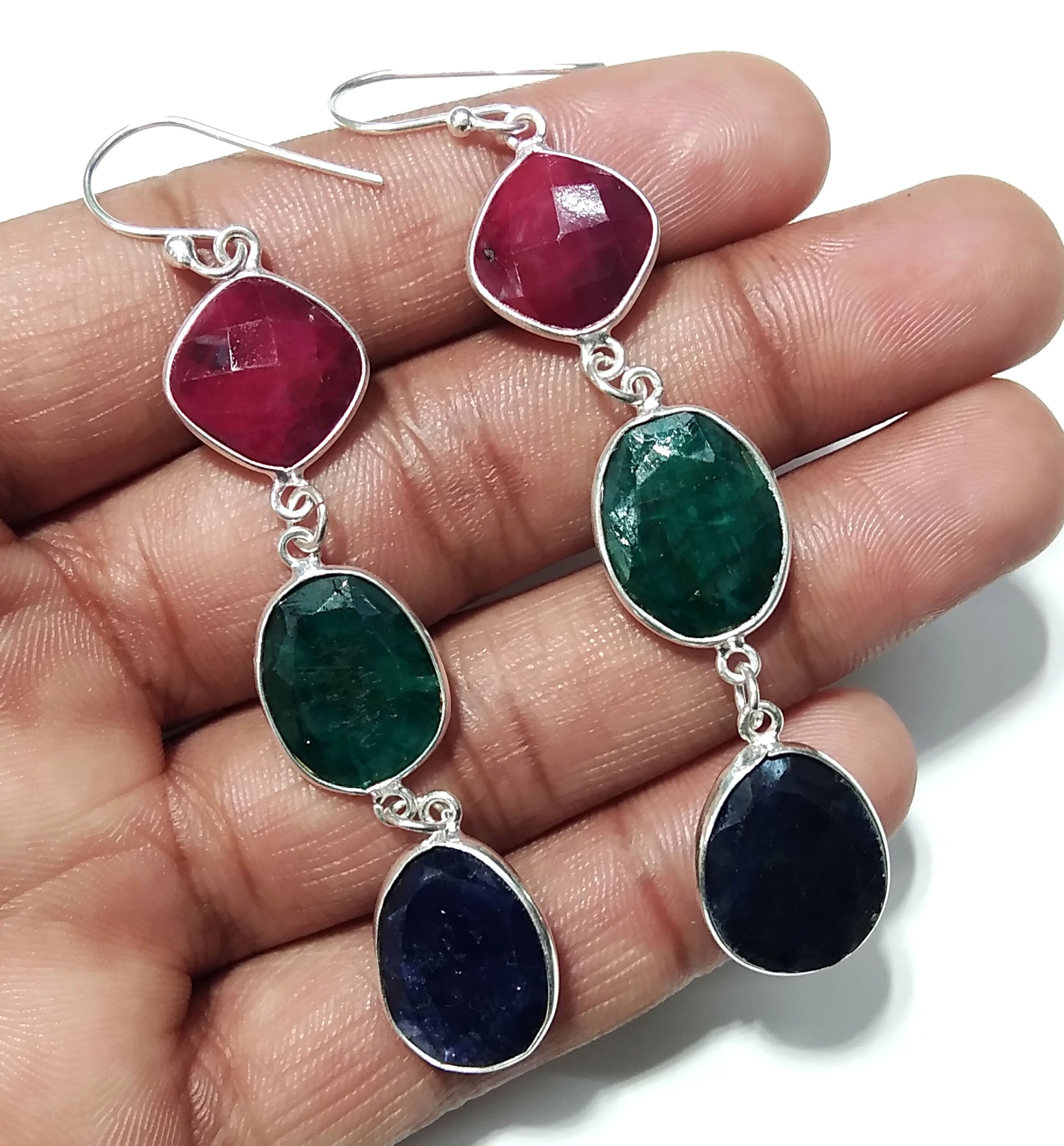 Natural Emerald,Red Ruby,Blue Sapphire Stone Earring, 925 Solid Starling Silver Earring Gemstone, Gift Wedding Earring, Handmade Jewelry