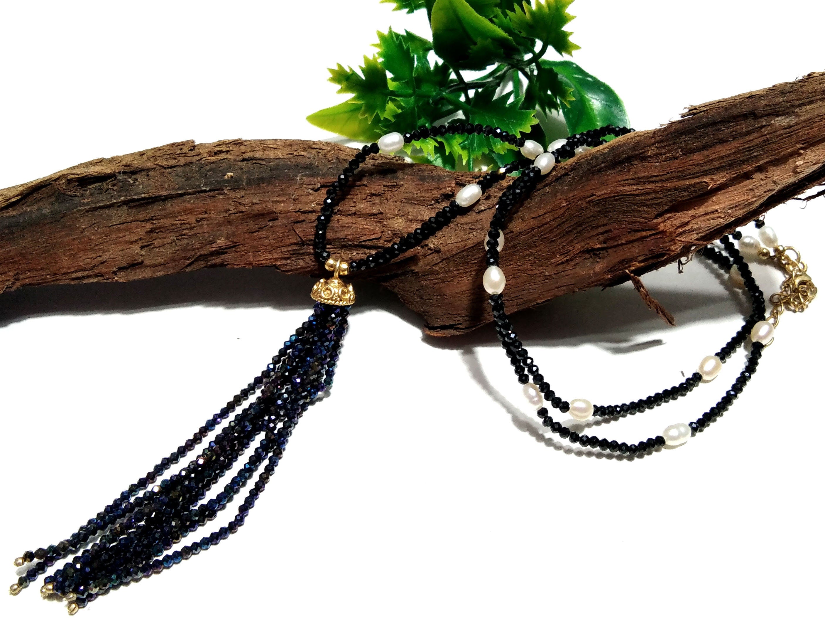 Natural Black Spinel And White Baroque Pearl Chain Necklace, 925 Starling Silver Gold Plated Chain Necklace 40''Inch Adjuster Chain Necklace