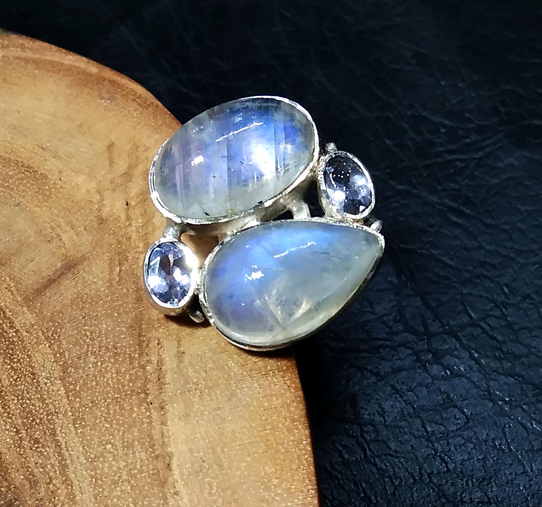 Natural Rainbow Moonstone/Tanzanite Gemstone Ring, 925 Solid Sterling Silver Ring, Stone Size 16x10 mm Handmade Gift Ring, Birthday Ring