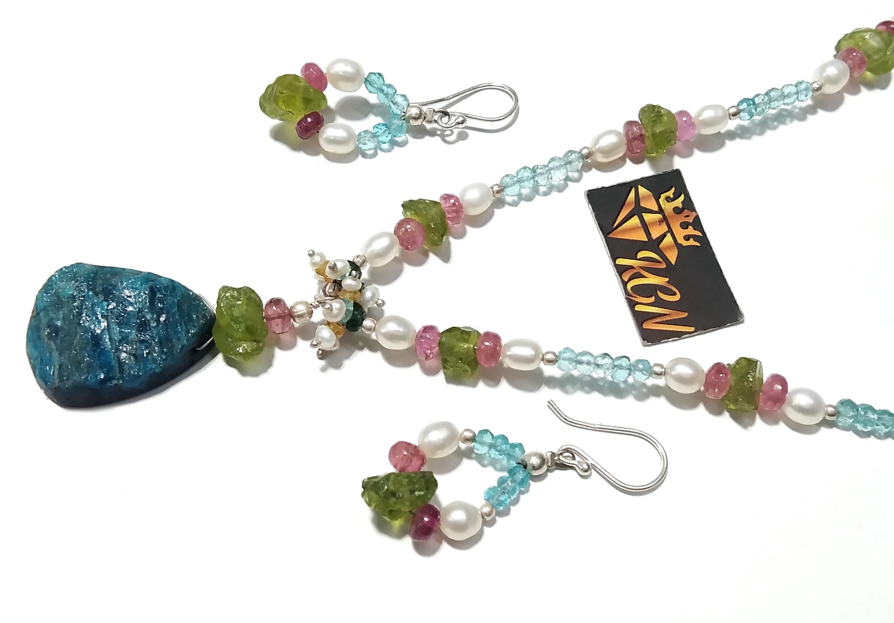 Natural Apatite Druzy/ Pearl/Peridot Rough Stone Beads Necklace Set Jewelry, 925 Sterling Silver Necklace Beaded Necklace Statement Jewelry