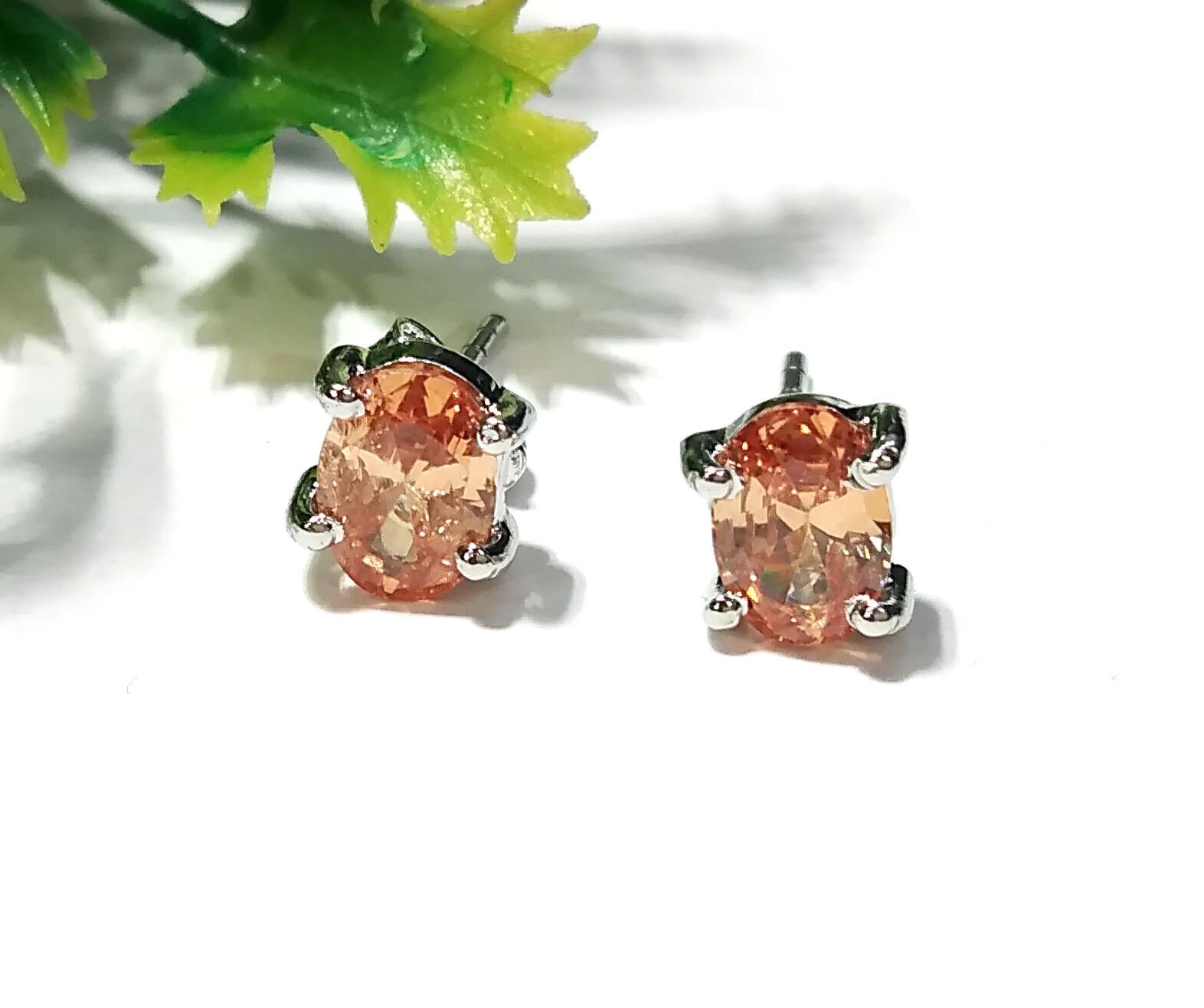 Orange Cubic Zircon Studs Earring, Natural Orange Zircon Oval Shape Studs, Solid 925 Starling Silver Earring, For Gilrs & Women Earrings