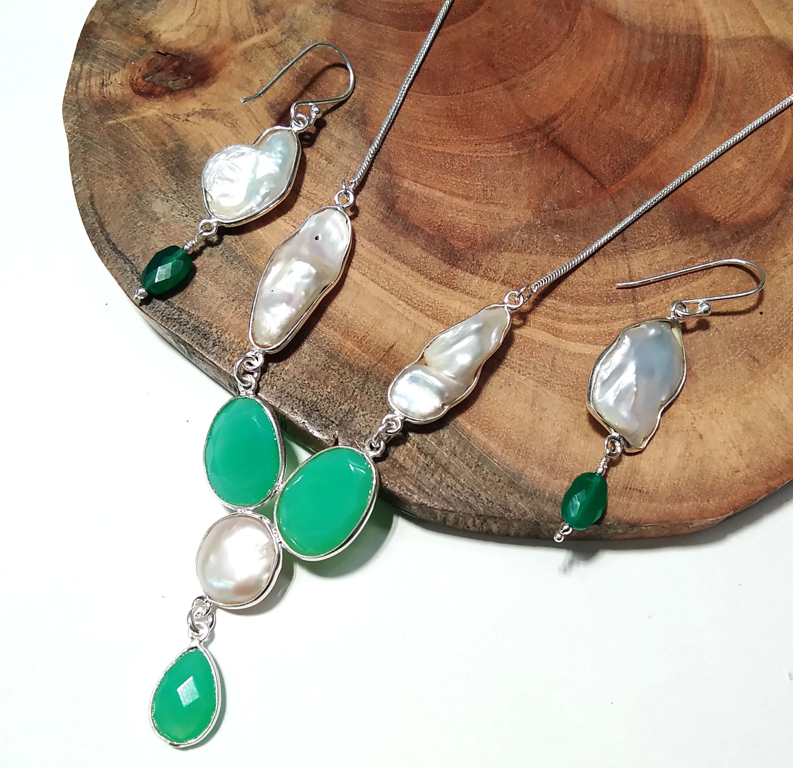 Natural Fresh Water Pearl/Chrysoprase Stone Necklace Earring Jewelry Set, 925 Sterling Silver Necklace Jewelry, Necklace Set For Women