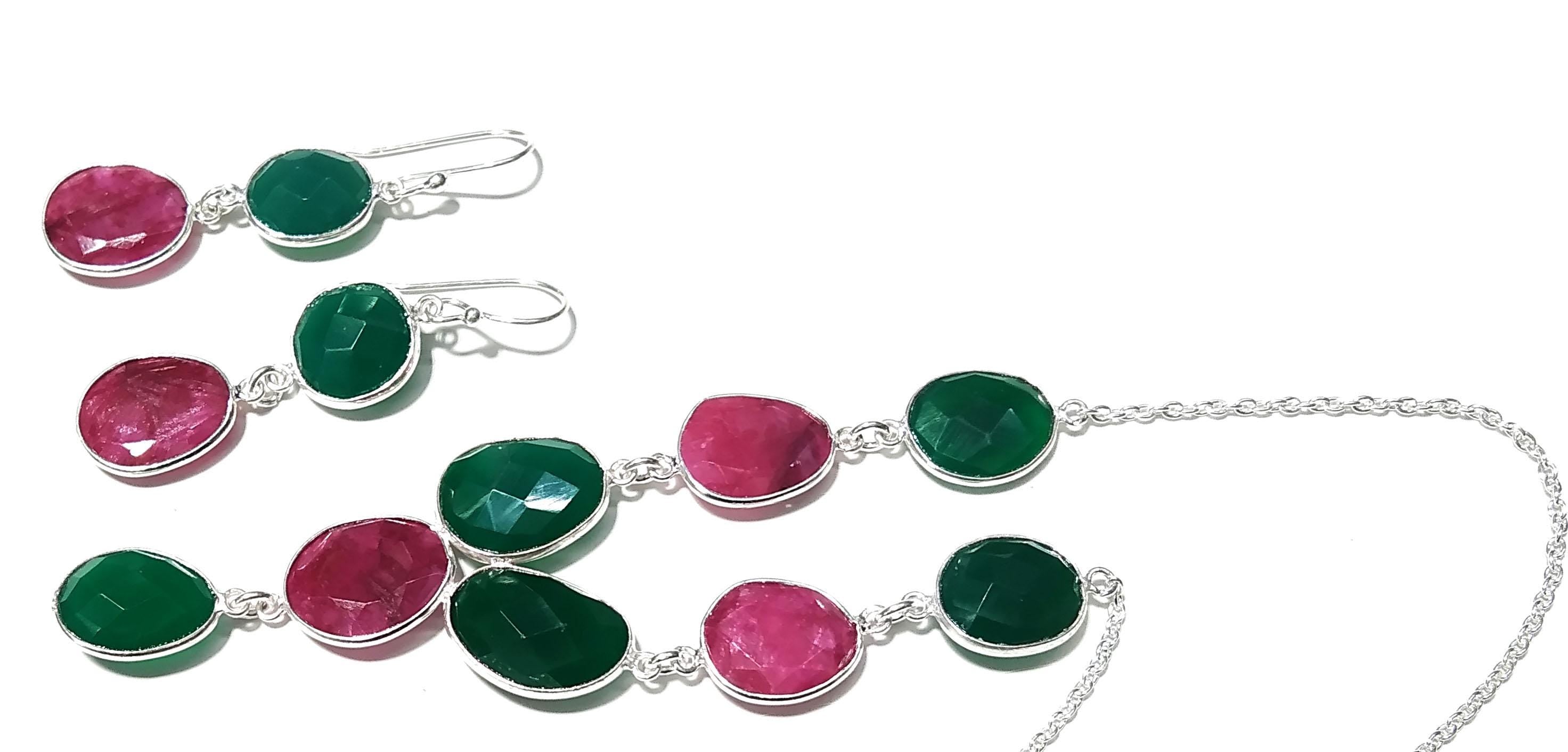 Natural Green Onyx & Red Ruby Necklace and Earring Jewelry Set, 925 Sterling Silver Necklace Earring Jewelry, Gift For Women Birthstone