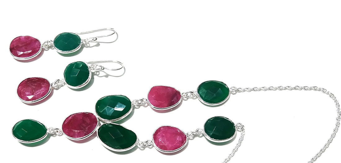 Natural Green Onyx & Red Ruby Necklace and Earring Jewelry Set, 925 Sterling Silver Necklace Earring Jewelry, Gift For Women Birthstone