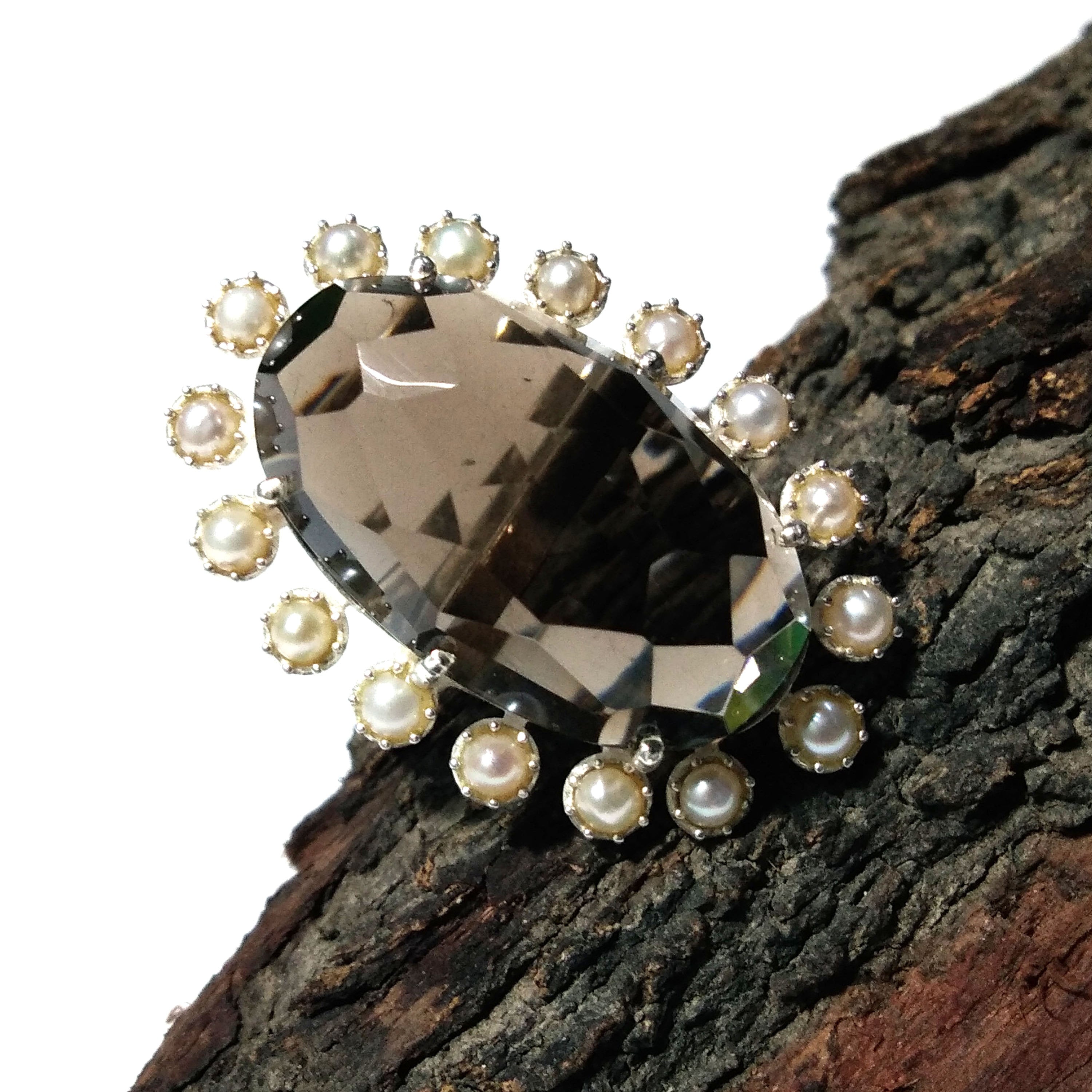 Natural Smoky Quartz,Freshwater Pearl Gemstone Ring, 925 Solid Starling Silver Ring, Jewelry Stone Size 24x14mm Statement Ring Birthday Ring