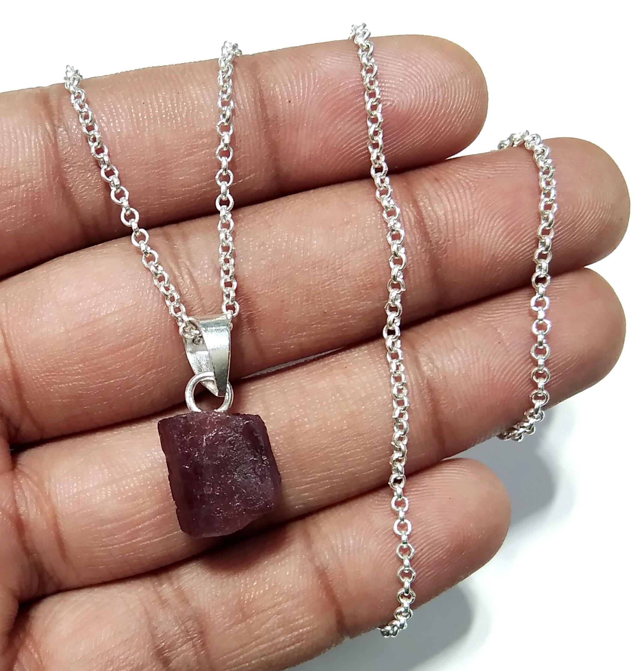 Natural Pink Tourmaline Raw Gemstone Pendant, Solid 925 Starling Silver Pendant Chain Necklace, Jewelry Stone Size 12x11mm Gift Pendant