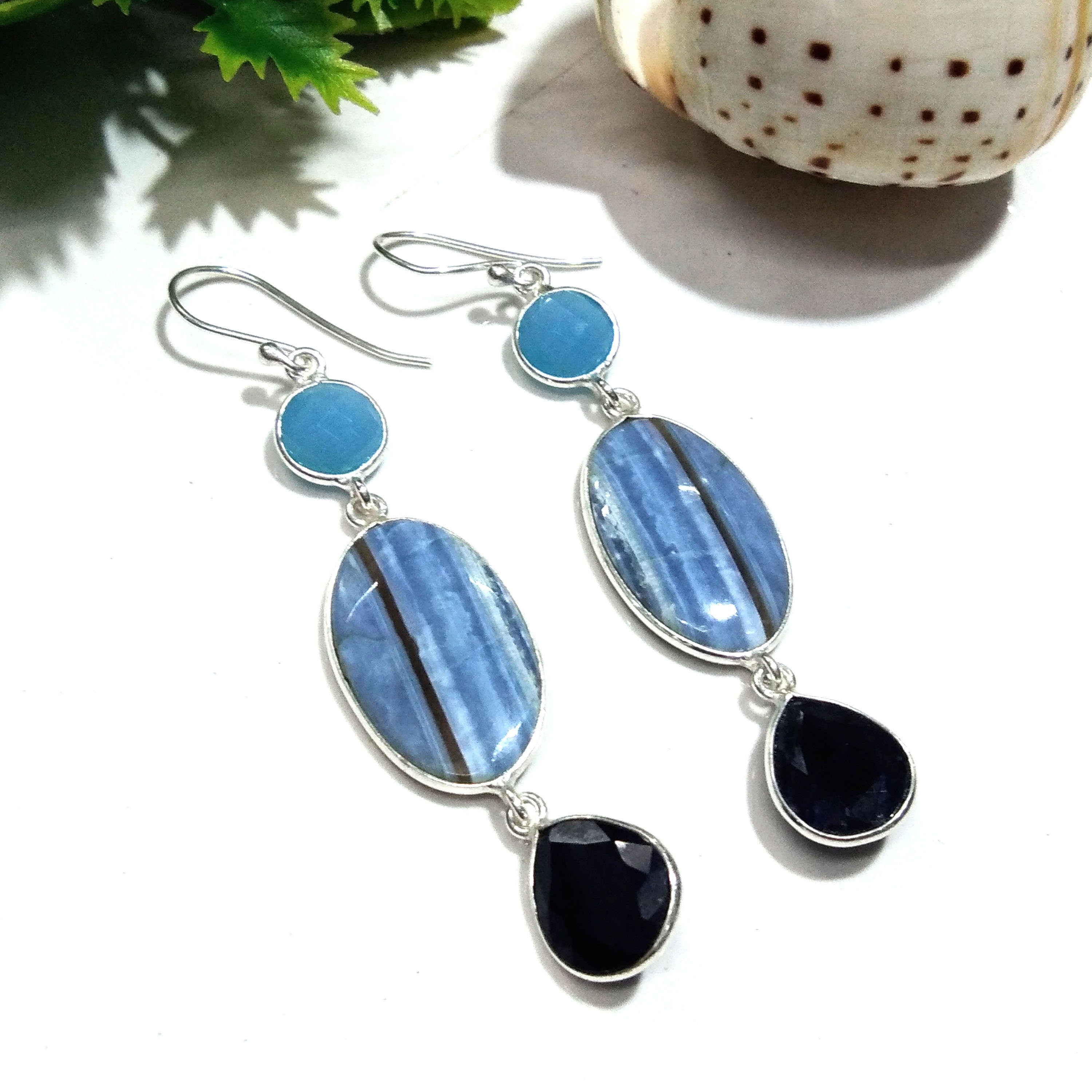 Natural Blue Opal, Blue Sapphire Gemstone Earring, 925 Solid Starling Silver Earring, Handmade Silver Jewelry Stone Earring, Gift Birthday