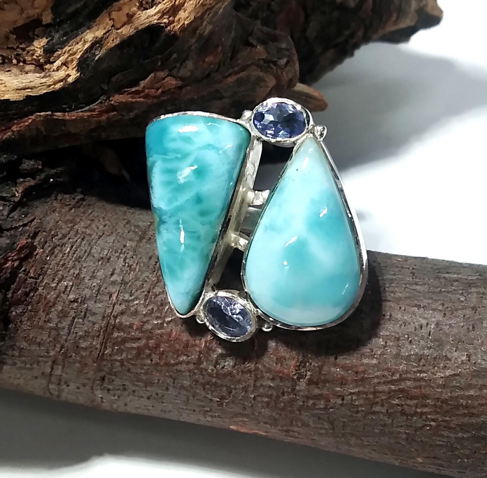 Natural Larimar & Tanzanite Faceted Gemstone Ring, 925 Solid Sterling Silver Jewelry Stone Ring, Handmade Jewelry, Gift Item For Girls/Women