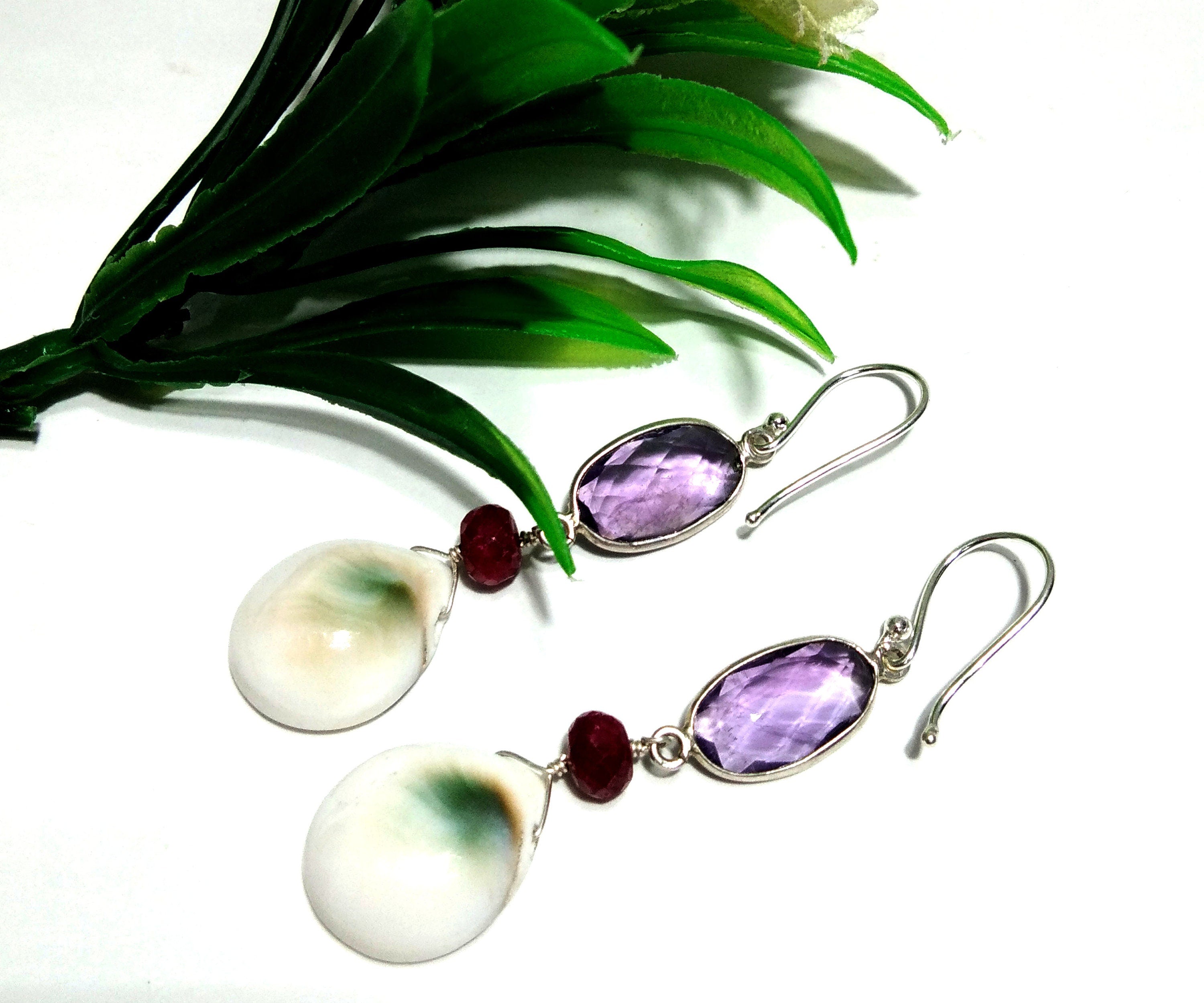 Natural Shiva Eye Shell/Amethyst Stone Earring, 925 Solid Starling Silver Earring, A+++ Shiva Eye Shell/Amethyst Stone Size 17x14 mm Earring