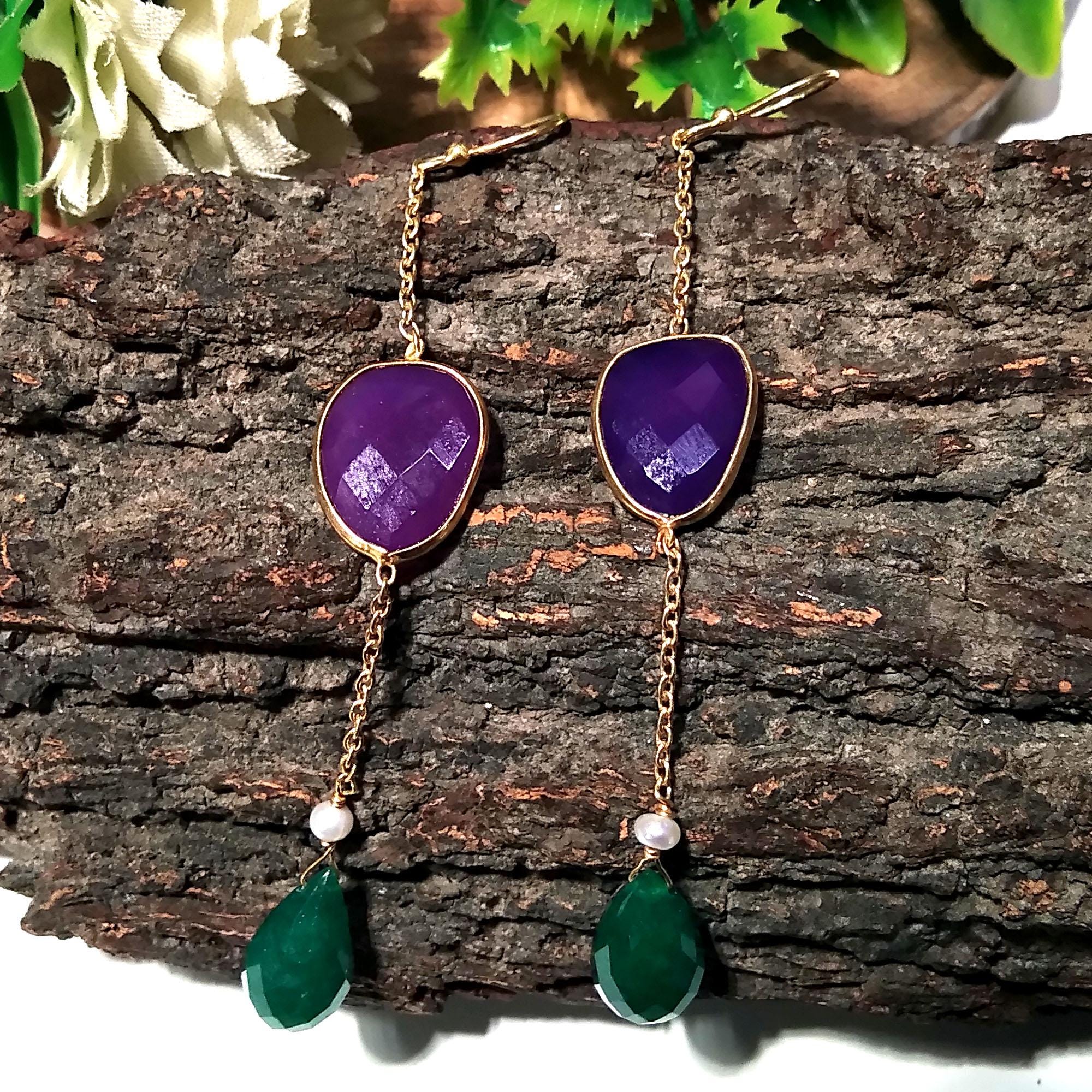 Natural Green Jade & Pink Chalcedony Gemstone Earring, 925 Starling Silver With Gold Plated Earring, Bezel Handmade Earring, For Girls/Women