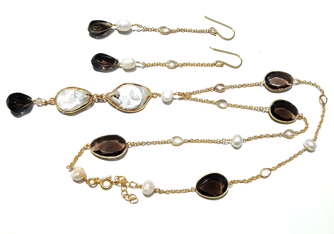 Natural Fresh Water Pearl/Smoky Quartz Stone Necklace Earring Jewelry Set, 925 Sterling Silver With Gold Plated Necklace Statement Jewelry