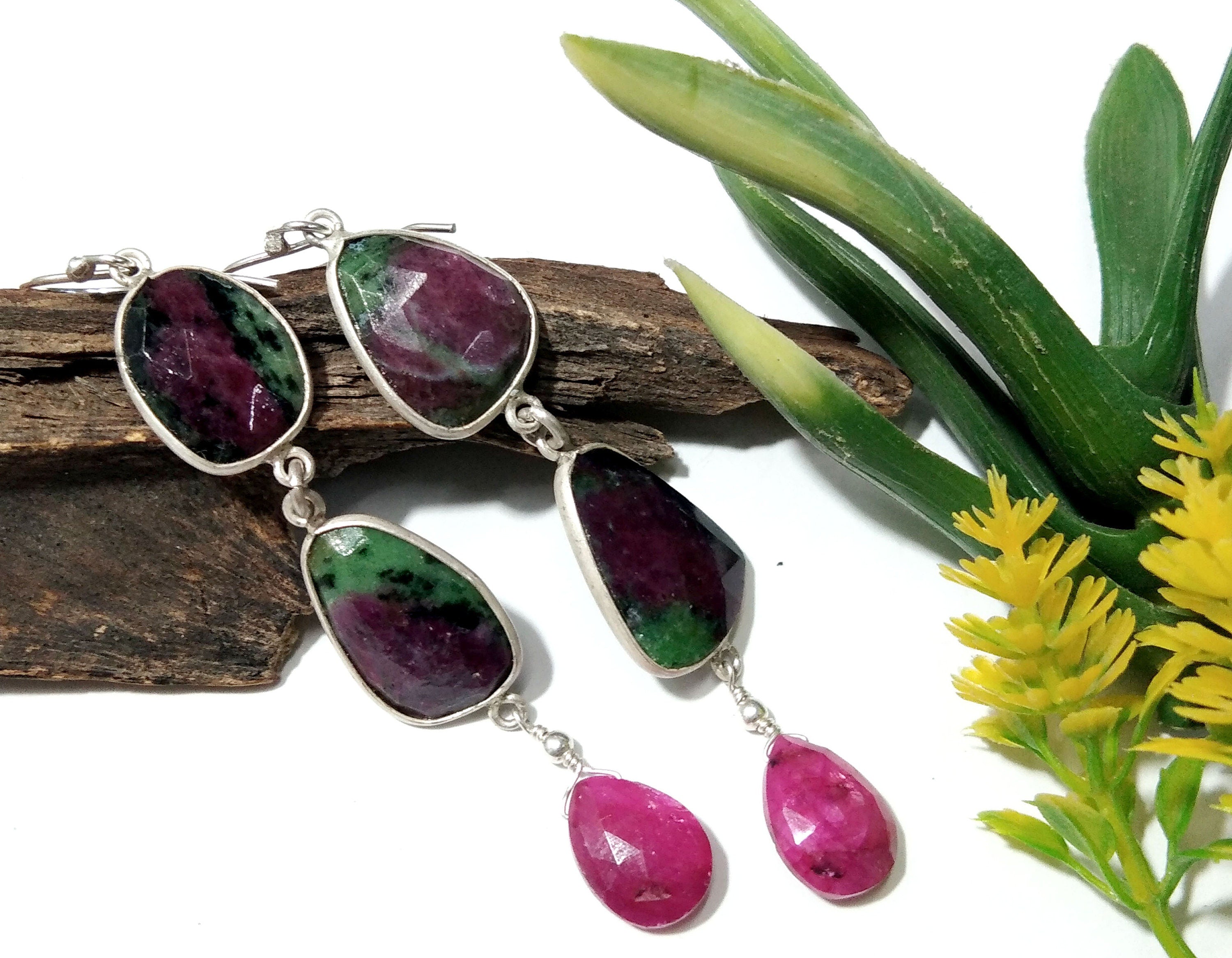 Natural Ruby Zoisite & Red Ruby Gemstone Earrings, Solid 925 Starling Silver Earrings, Ruby Zoisite Rose Cut Gemstone Handmade Gift Earrings