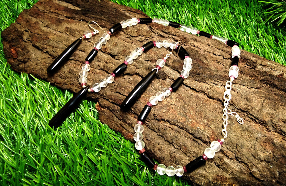 Natural Black Onyx/Crystal Beads Necklace Set Jewelry, 925 Sterling Silver Necklace, Beaded Necklace Statement for Gift Jewelry