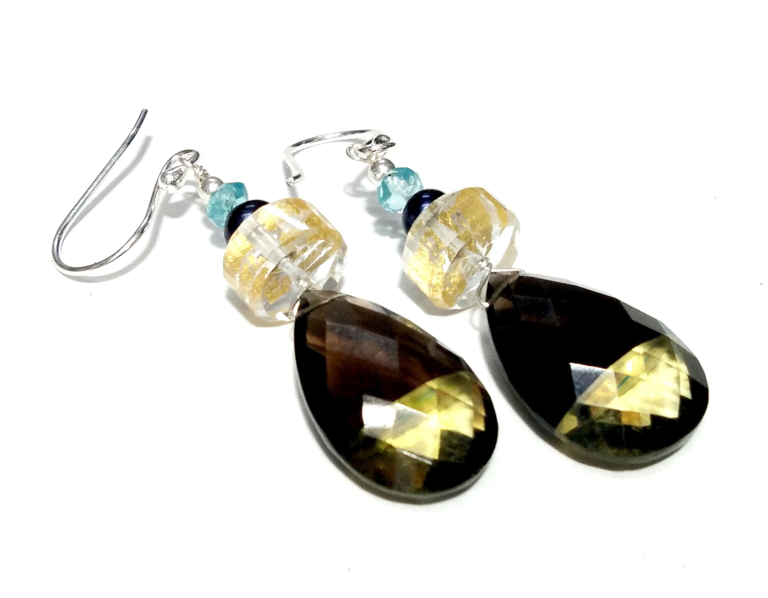 Natural Doublet Gemstone Lemon & Smoky Quartz Multi Stone Earrings, With 925 Starling Silver Jewelry Earrings, For Gifts Girls/Women