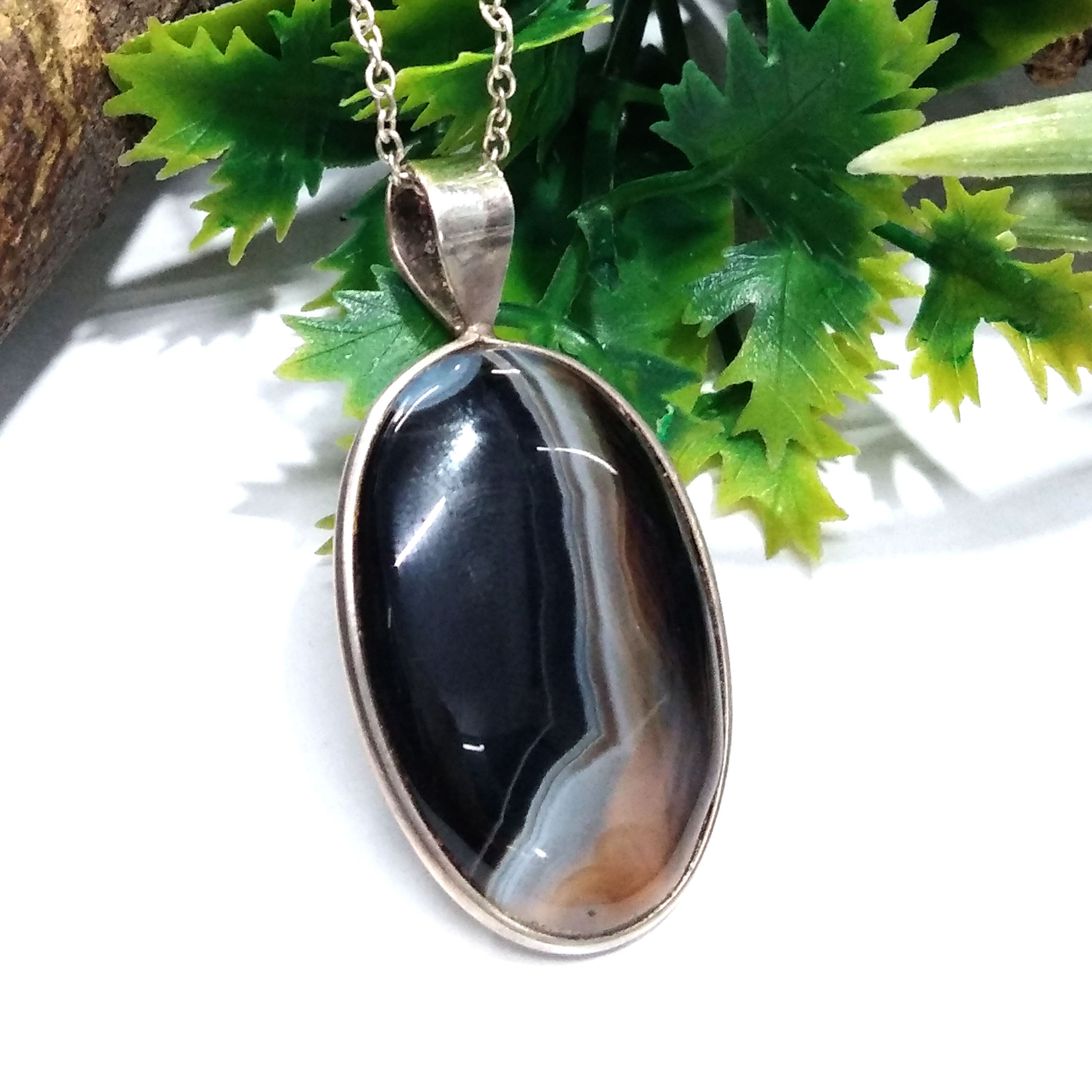Genuine Black Banded Agate Pendant, 925 Starling Silver Pendant Chain Necklace, Black Banded Agate Gemstone Necklace, Handmade Gift Pendant