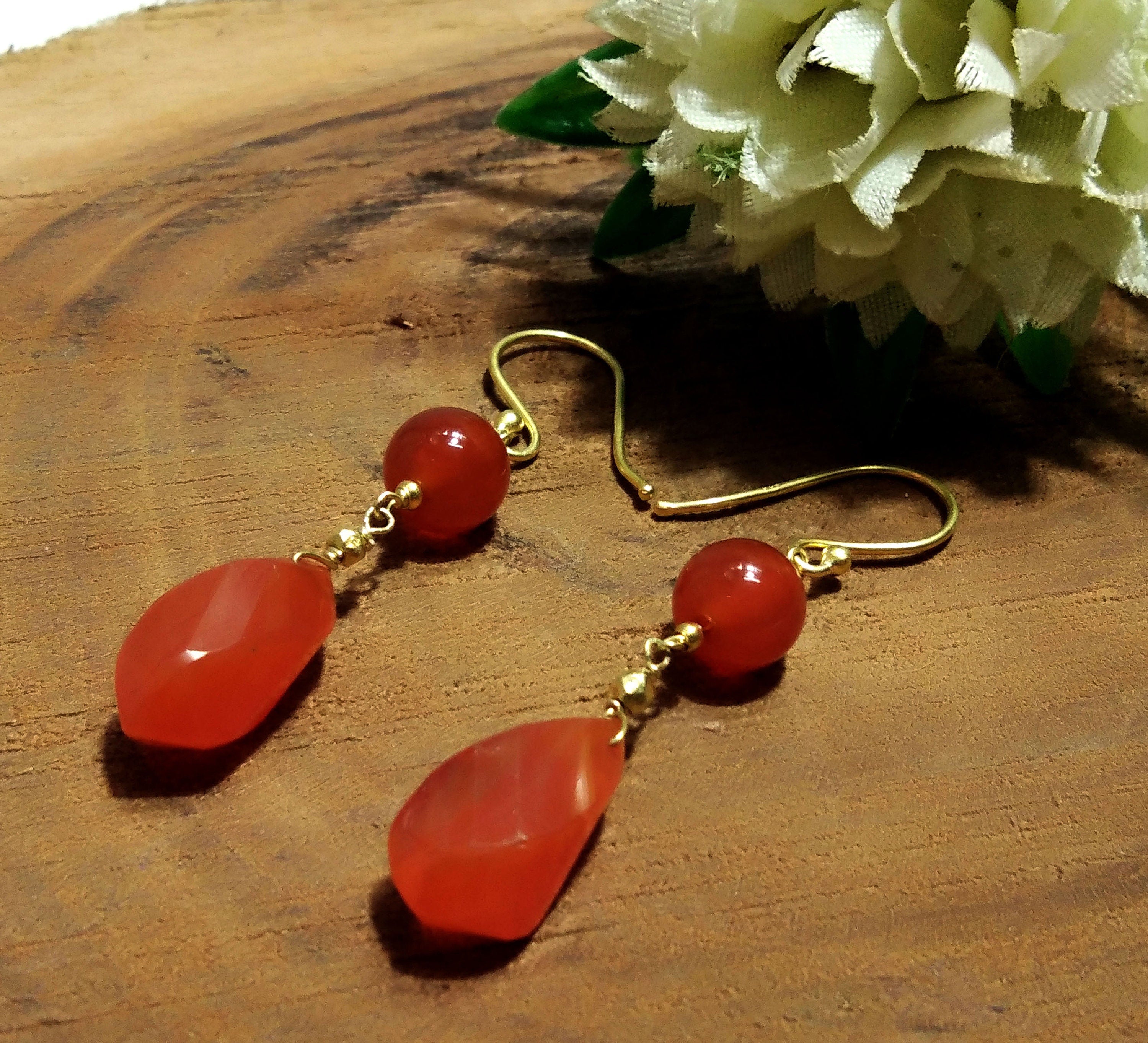 Natural Carnelian Gemstone Earrings, 925 Solid Sterling Silver With Gold Plated Earrings, For Girls & Women Earring, Gift Birthday Earrings