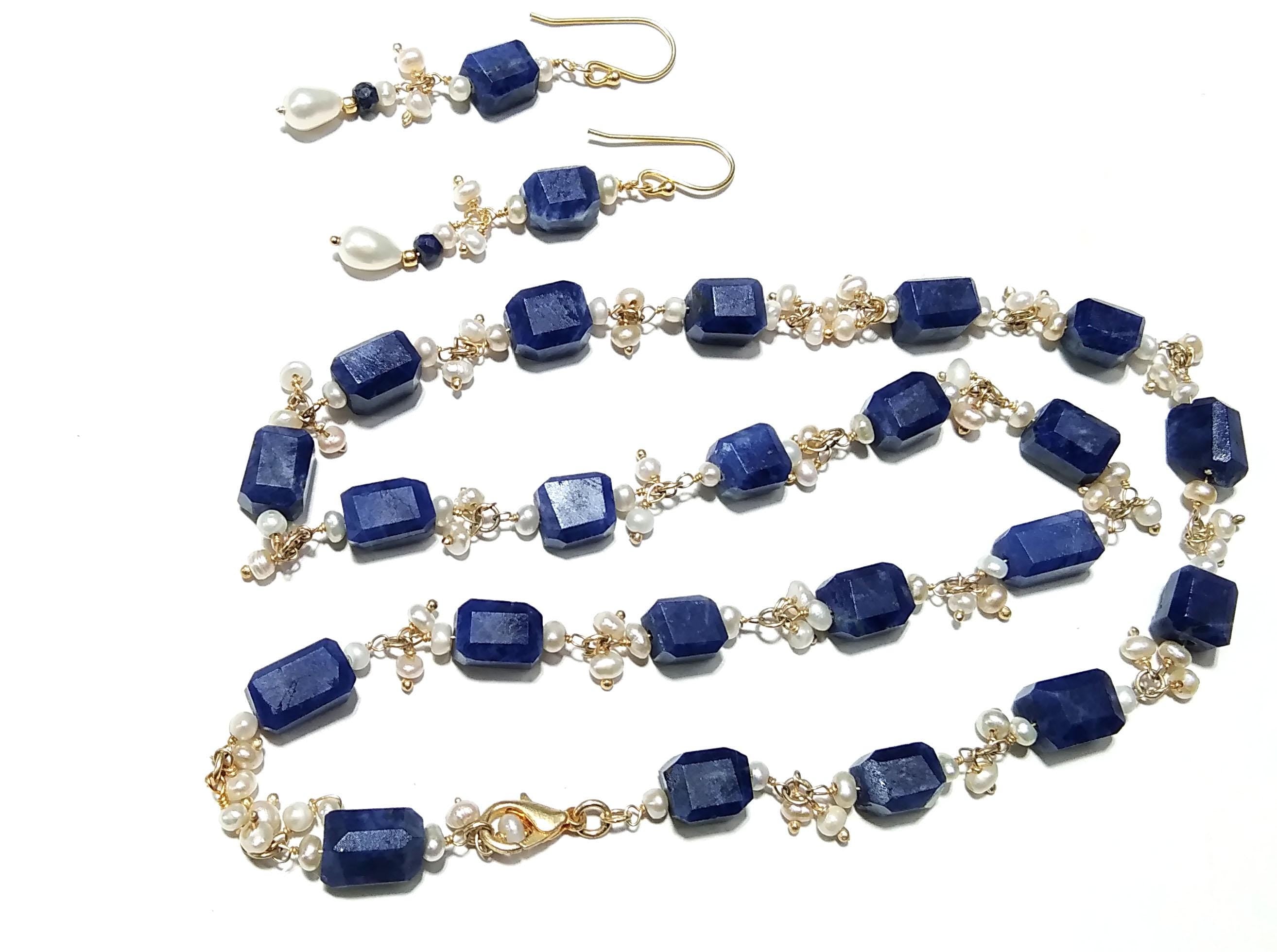 Natural Sodalite, Pearl Gemstone Necklace Earring Jewelry Set, 925 Solid Sterling Silver With Gold Plated Necklace Earring, Necklace Set