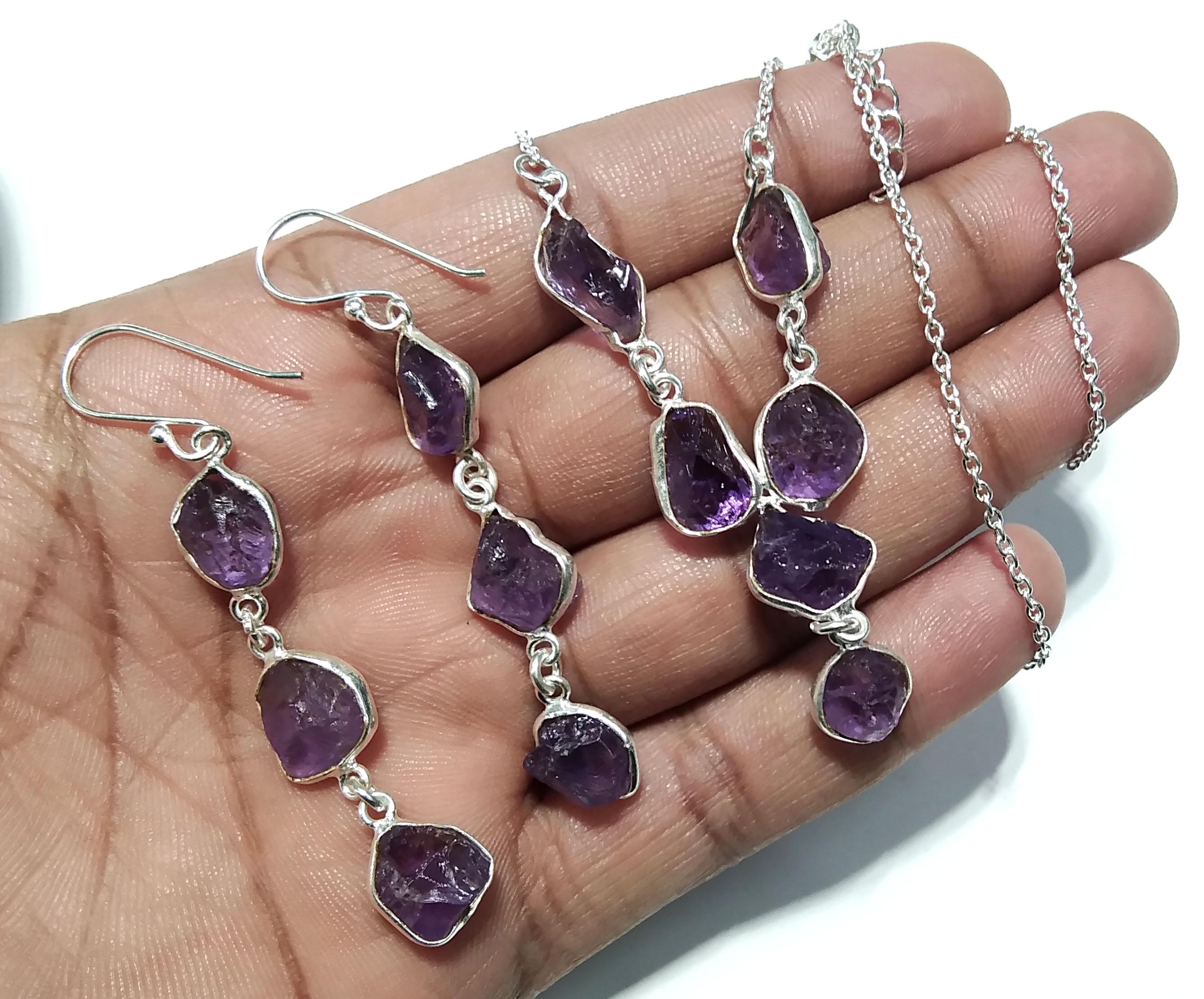 Natural Amethyst Rough Earrings And Necklace Jewellery Set, 925 Solid Sterling Silver Necklace Amazing Quality Amethyst Gift For Girls/Women