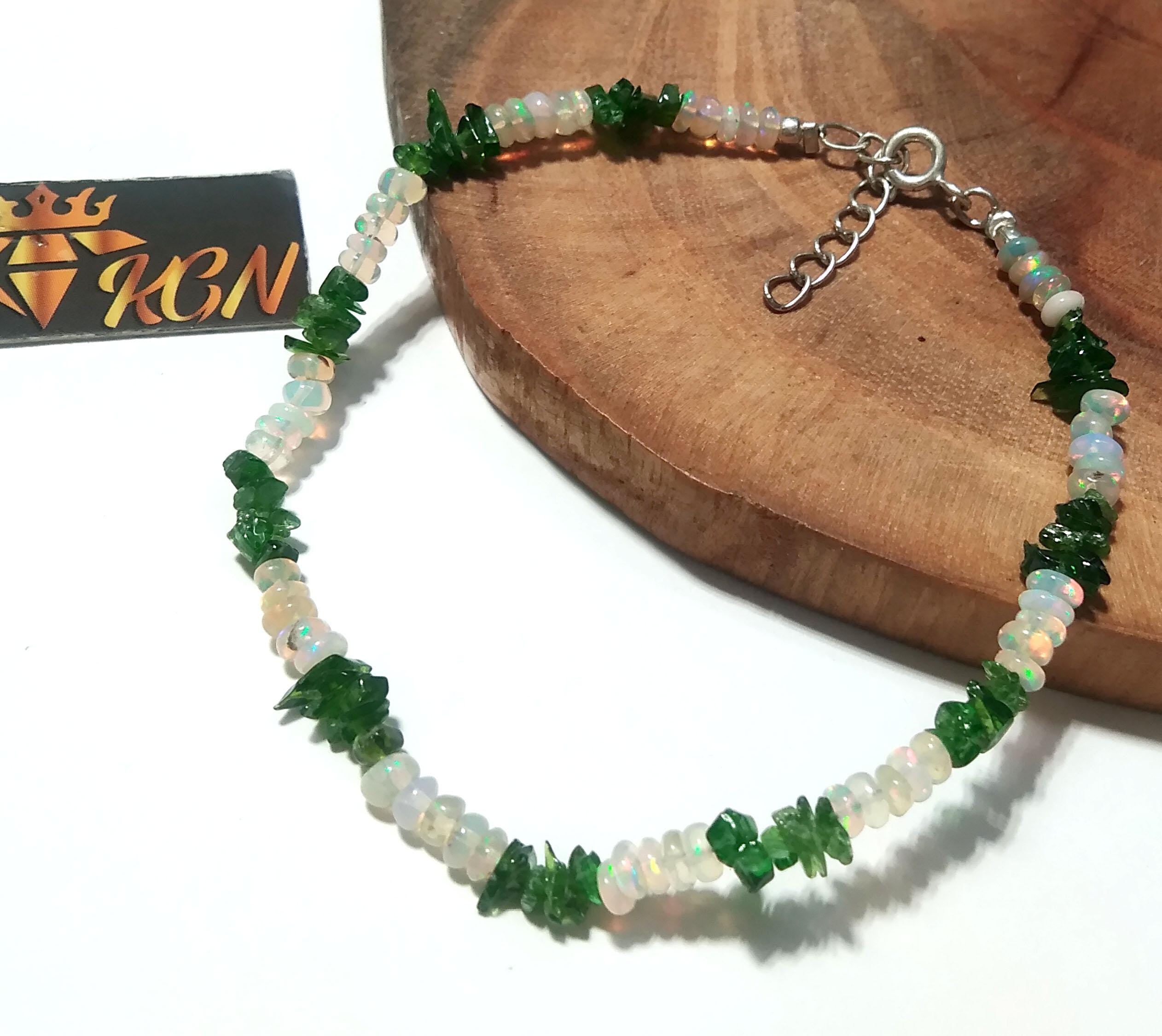 Natural Ethiopian Opal & Green Garnet Bracelet, Flashy Opal Gemstone Bracelet, December Birthstone Gift, Handmade Opal Jewelry, Gift For Her