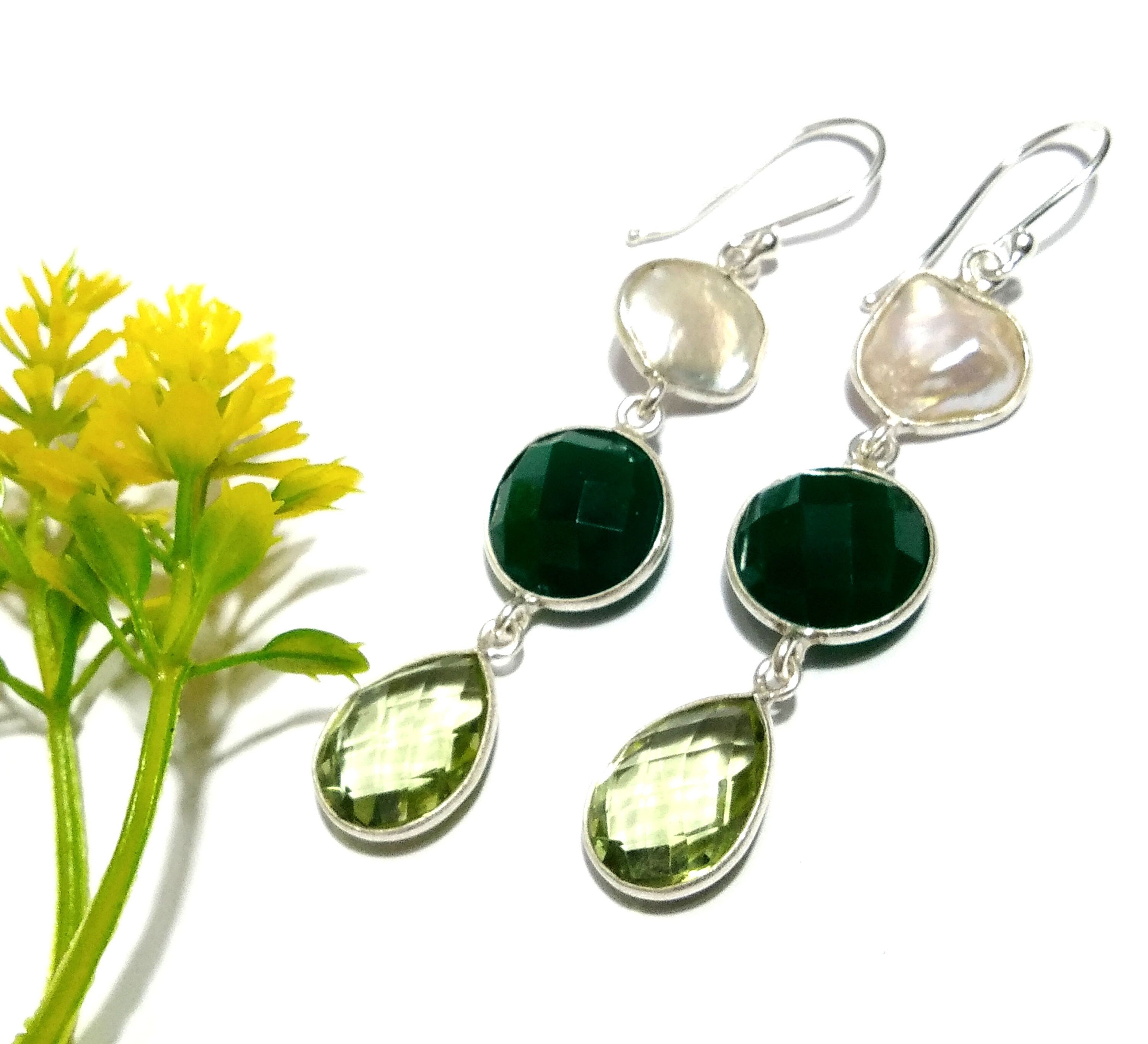 Natural Fresh Water Baroque Pearl/Green Onyx, Amethyst Stone Drop Earring, 925 Solid Starling Silver Earring, Gemstone Gift Birthday Earring