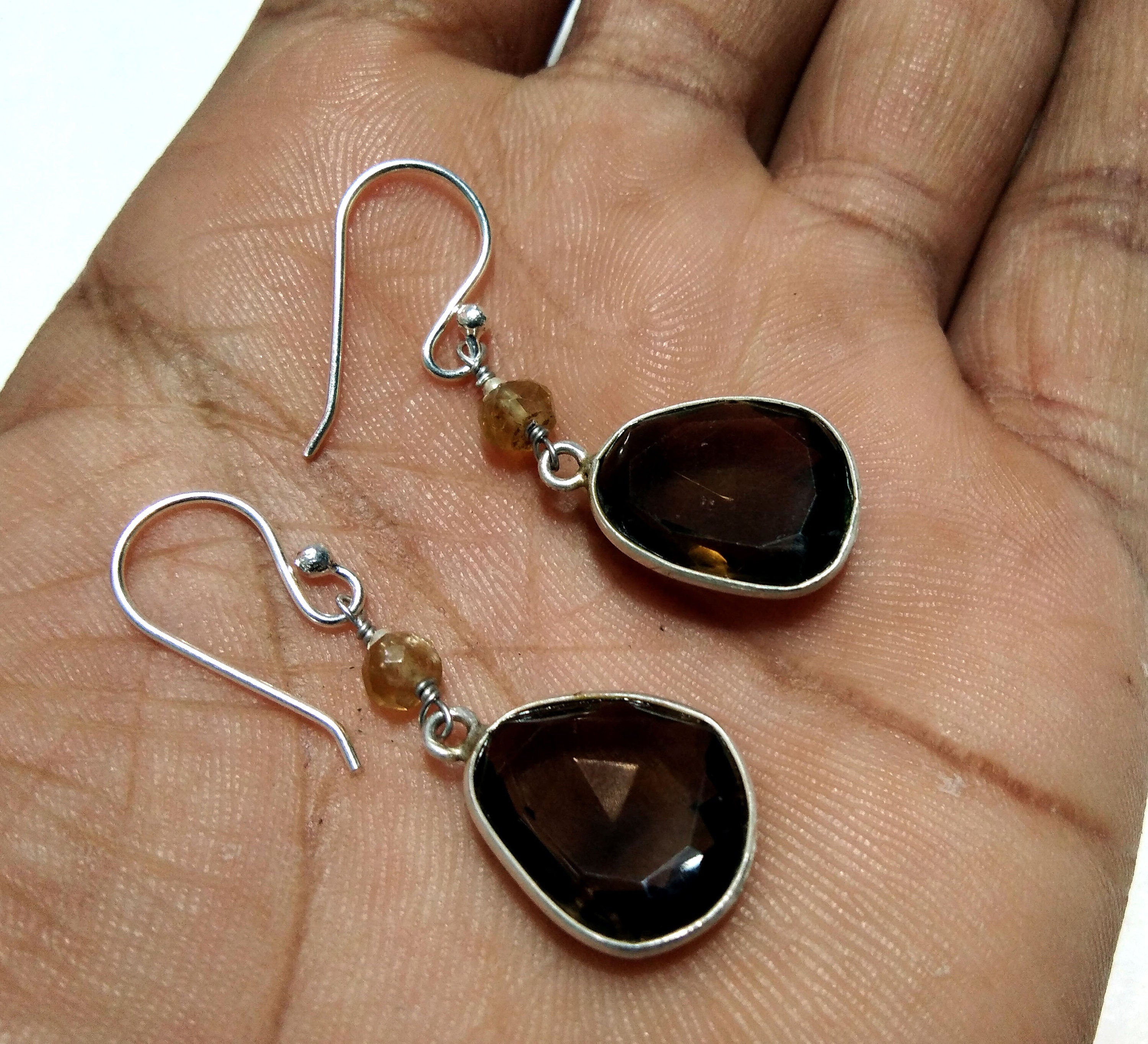 Natural Gemstone Smoky Quartz & Citrine Earrings, 925 Sterling Silver Earring, Handmade Making Bezel Earring, For Girls/Women Gift Jewelry