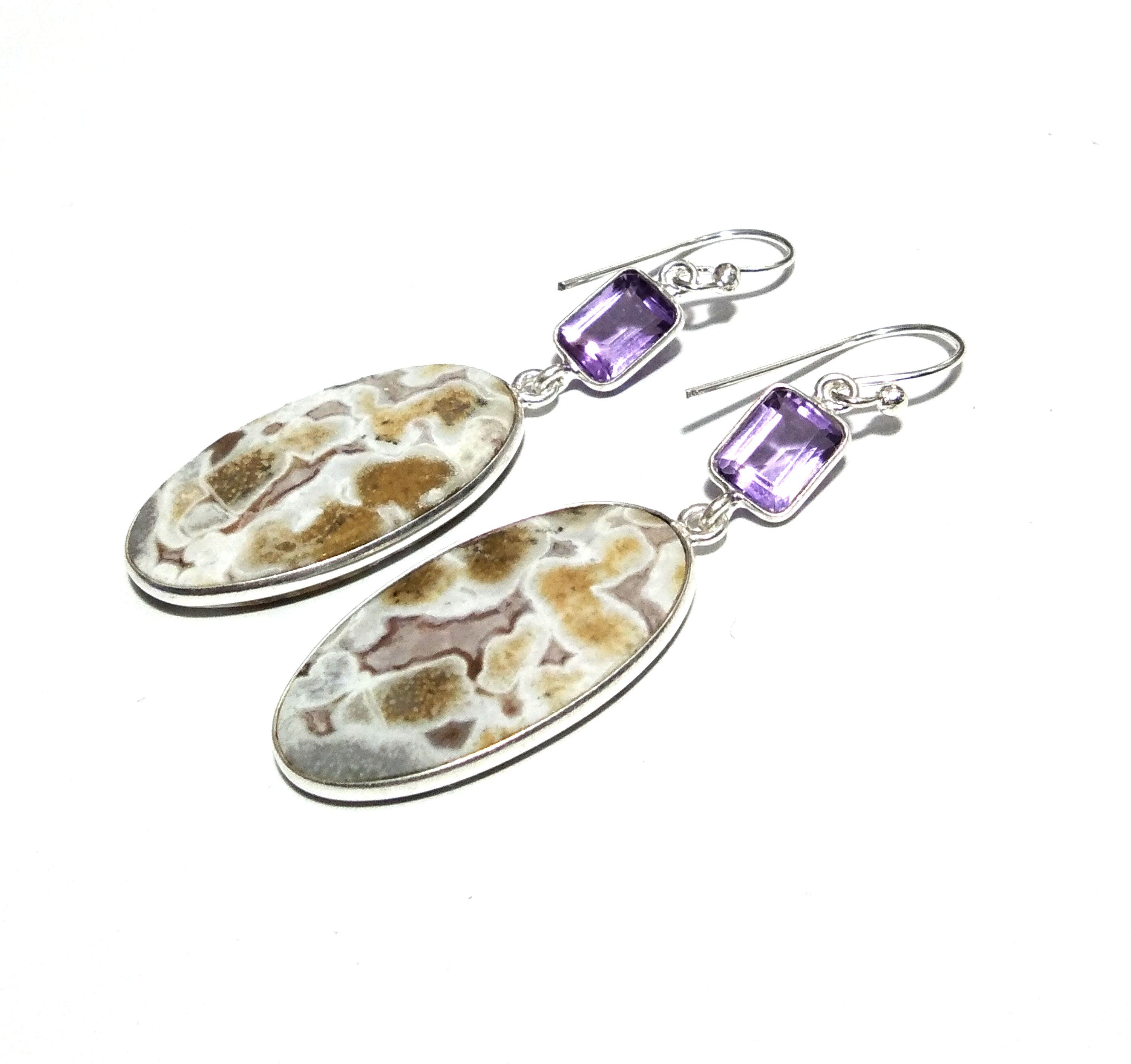 Natural Crazy Lace Agate/Amethyst Earring, 925 Solid Starling Silver Earring, Crazy Lace Agate/Amethyst Stone Size 30x16 mm Gift Earring