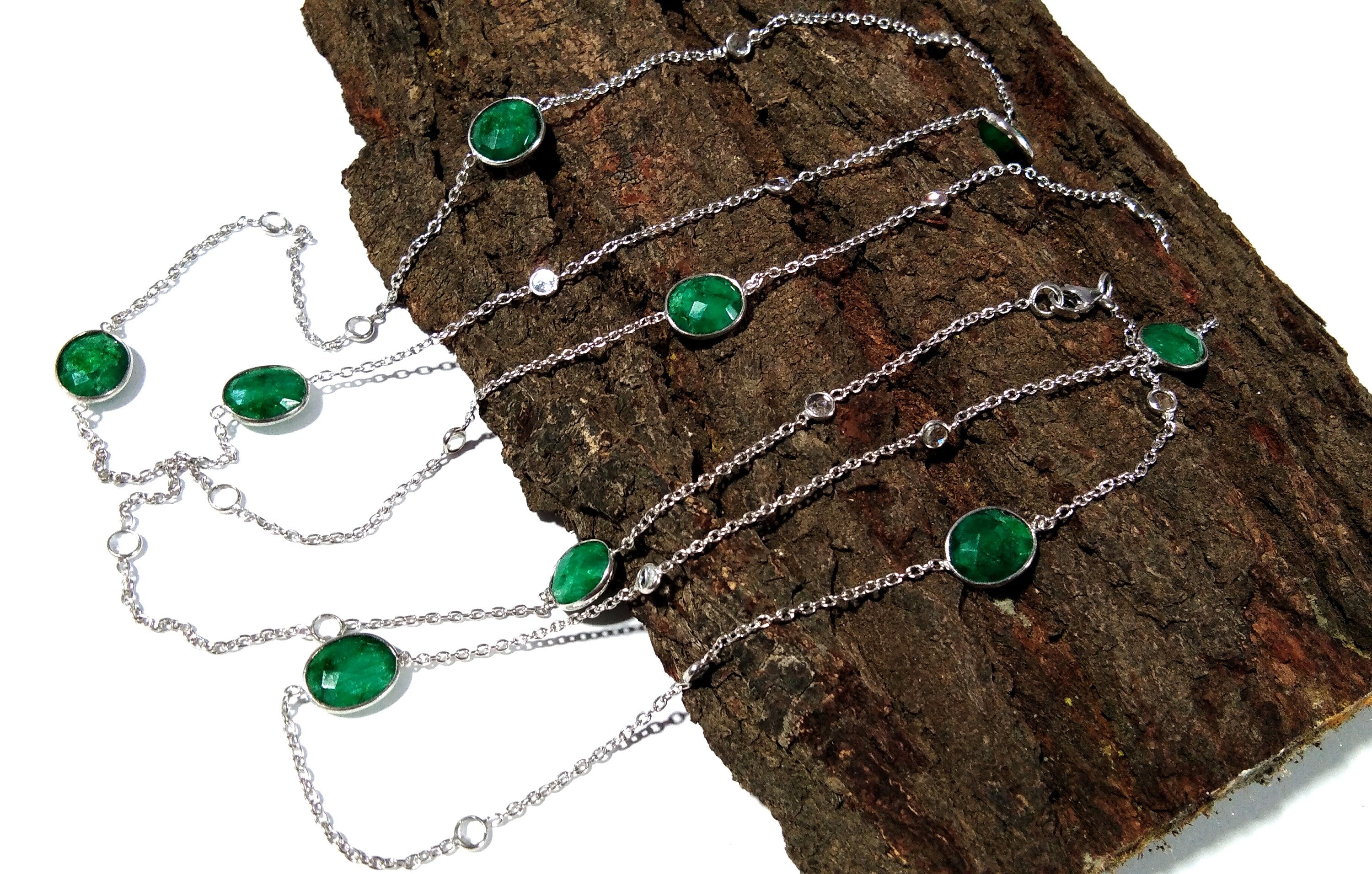 Emerald Necklace Chain,  925 Sterling Silver With Zircon Polky Necklace, Handmade Bezel Necklace, 40" Inches Length.
