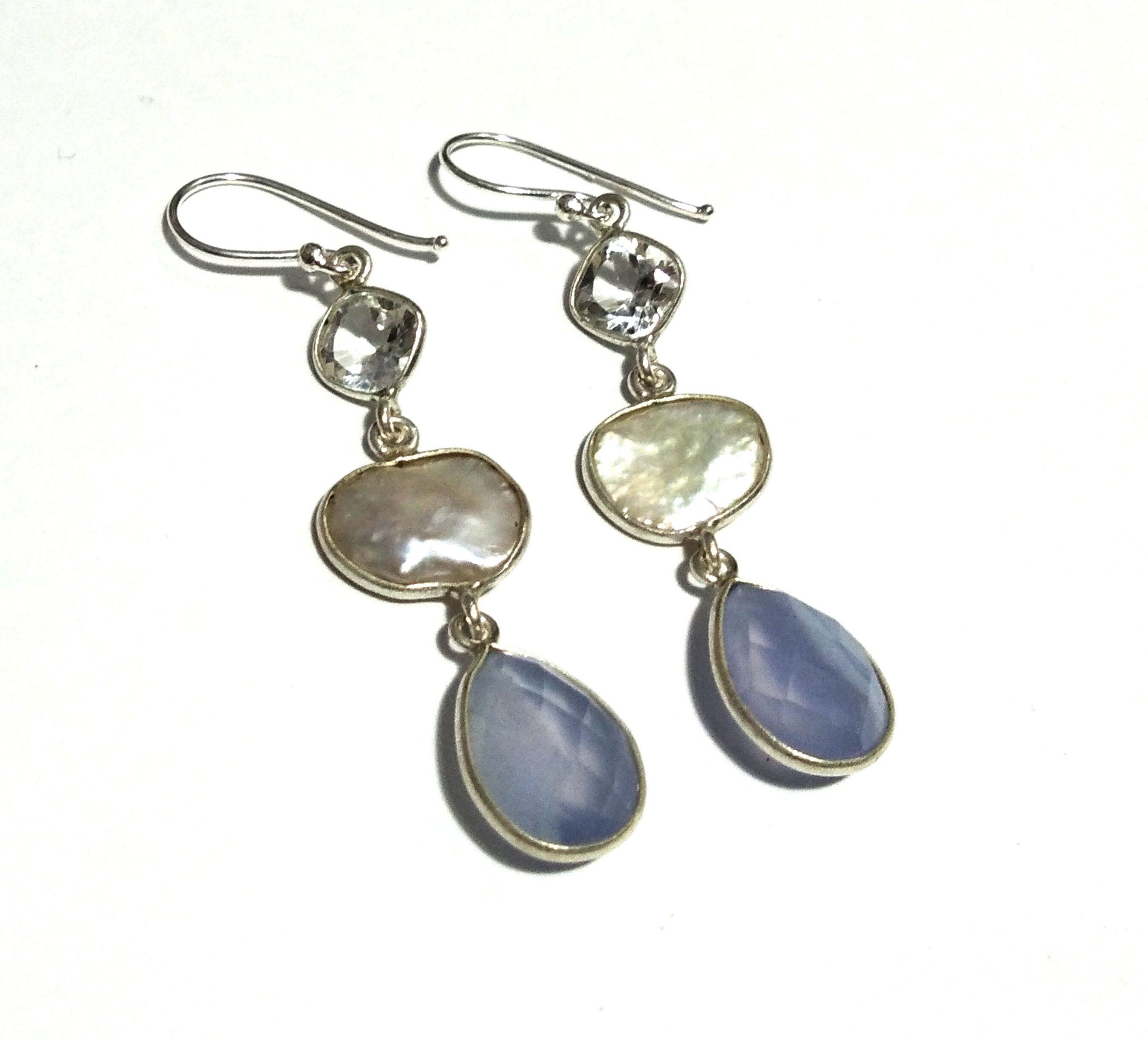 Natural Fresh Water Baroque Pearl/Topaz/Blue Chalcedony Stone Drop Earring, 925 Solid Starling Silver Earring Gemstone, Gift Earring Jewelry