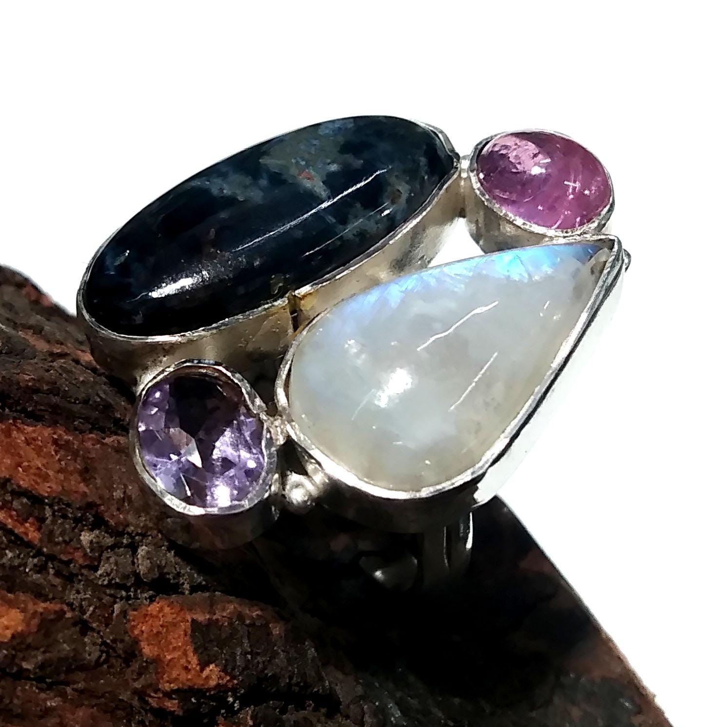 Pietersite,Rainbow Moonstone,Ruby And Amethyst Multi Stone Ring, 925 Solid Sterling Silver Jewelry, Natural Gemstone Ring, Handmade Jewelry.