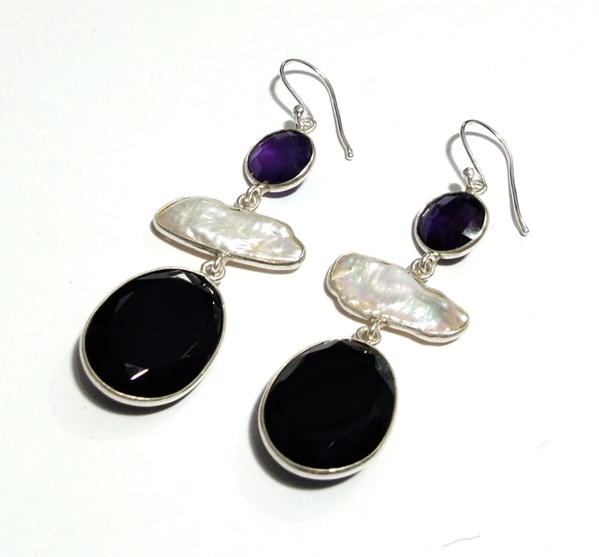 Natural Fresh Water Baroque Pearl/Black Onyx/Amethyst Drop Earring, 925 Solid Starling Silver Earring, White Pearl Gemstone Gift Earring