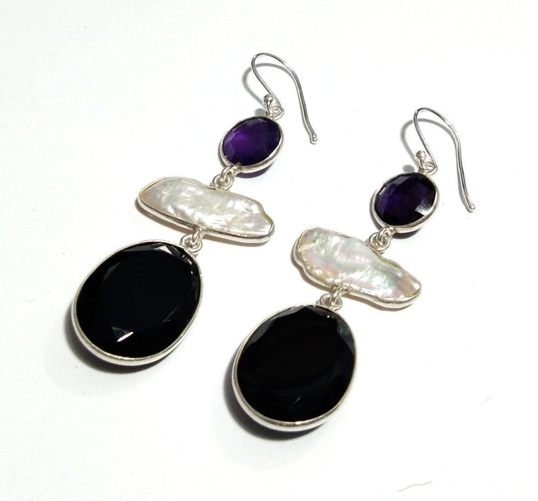 Natural Fresh Water Baroque Pearl/Black Onyx/Amethyst Drop Earring, 925 Solid Starling Silver Earring, White Pearl Gemstone Gift Earring