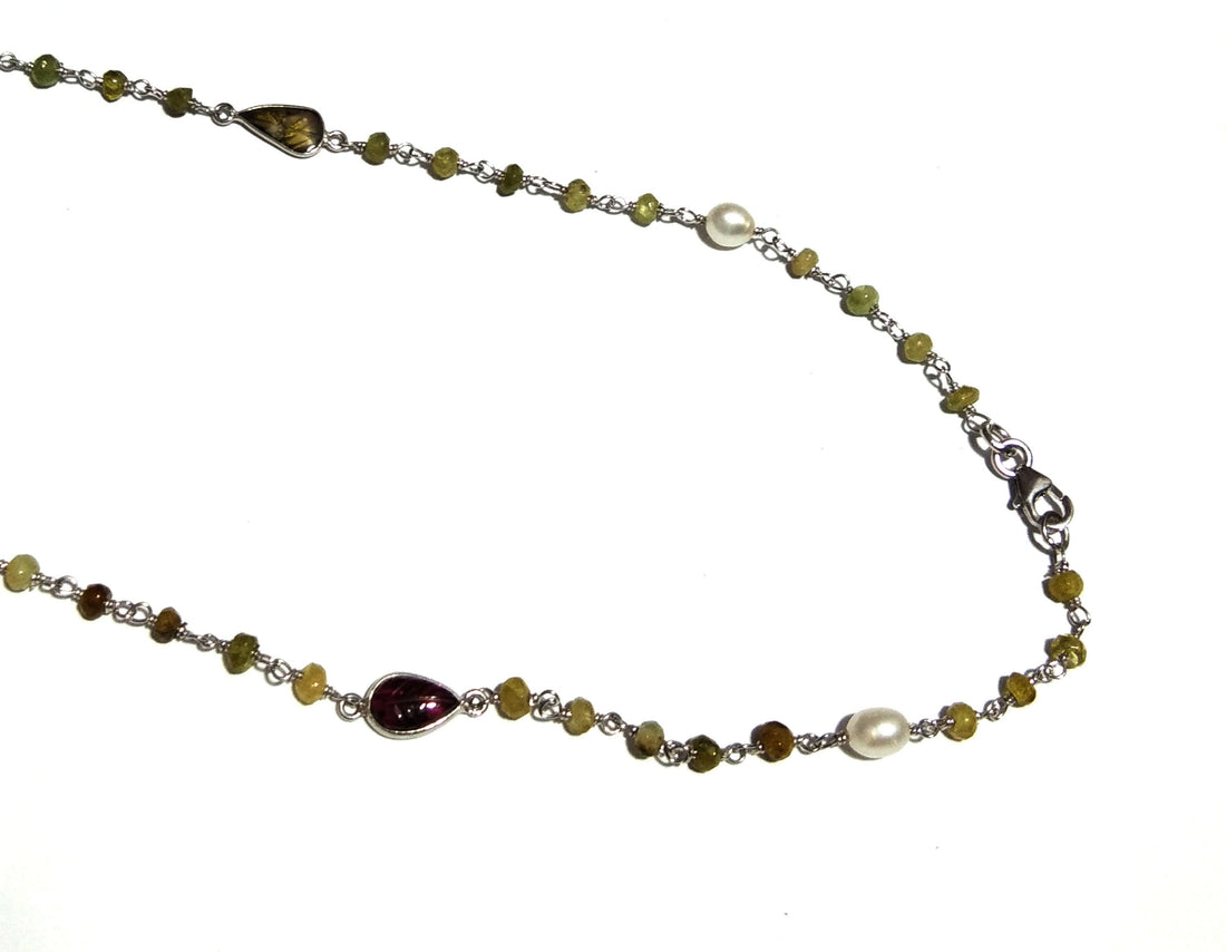 Natural Hessonite,Tourmaline Carving/Pearl Stone Chain Necklace, 925 Starling Silver Chain 44''Inches Gift Beads Chain Necklace Jewelry