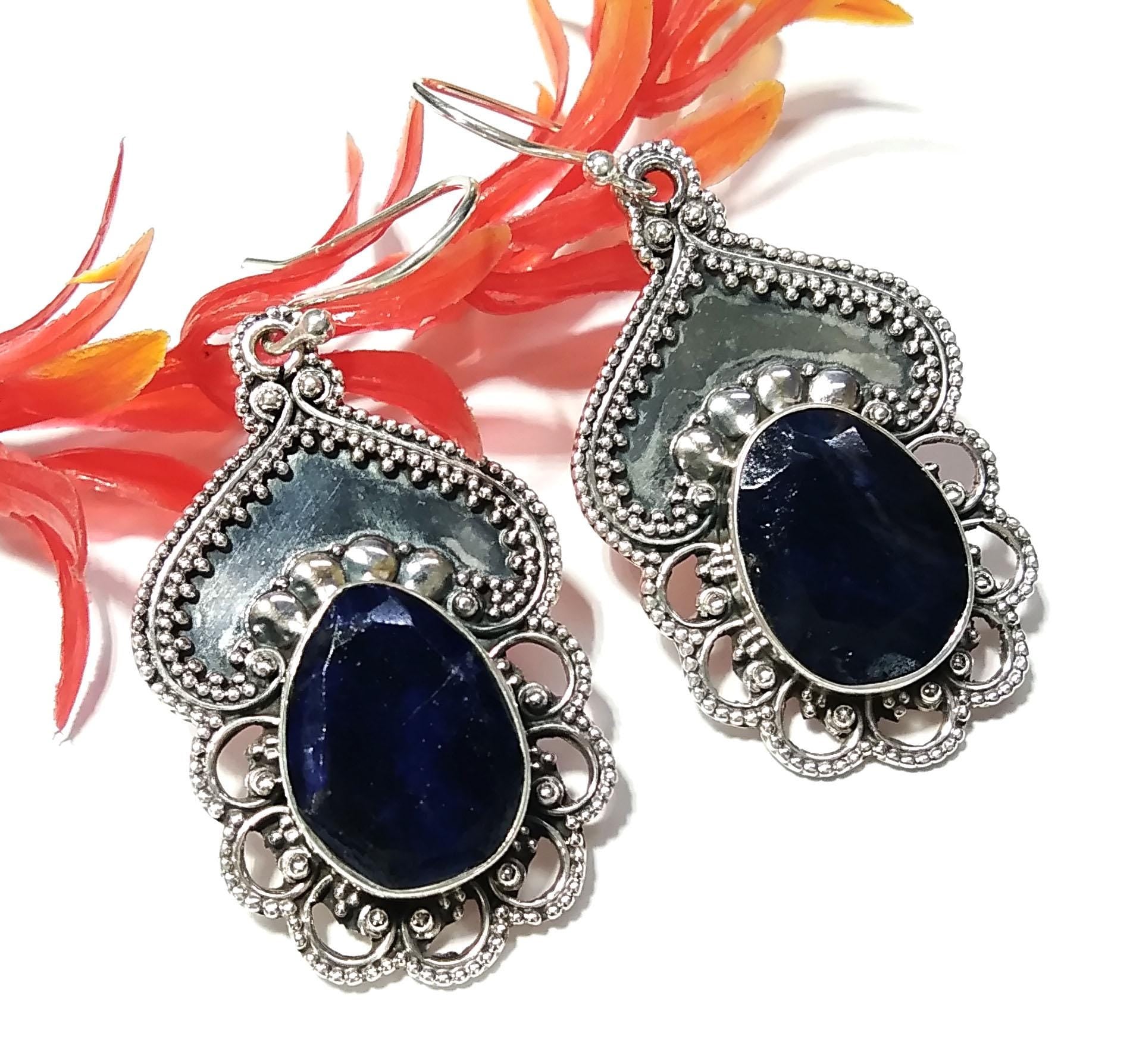 Natural Blue Sapphire Earrings Gemstone, 925 Solid Starling Silver Earring Jewelry, Oval Shape Stone Size 16x12 mm Sapphire For Gift Earring