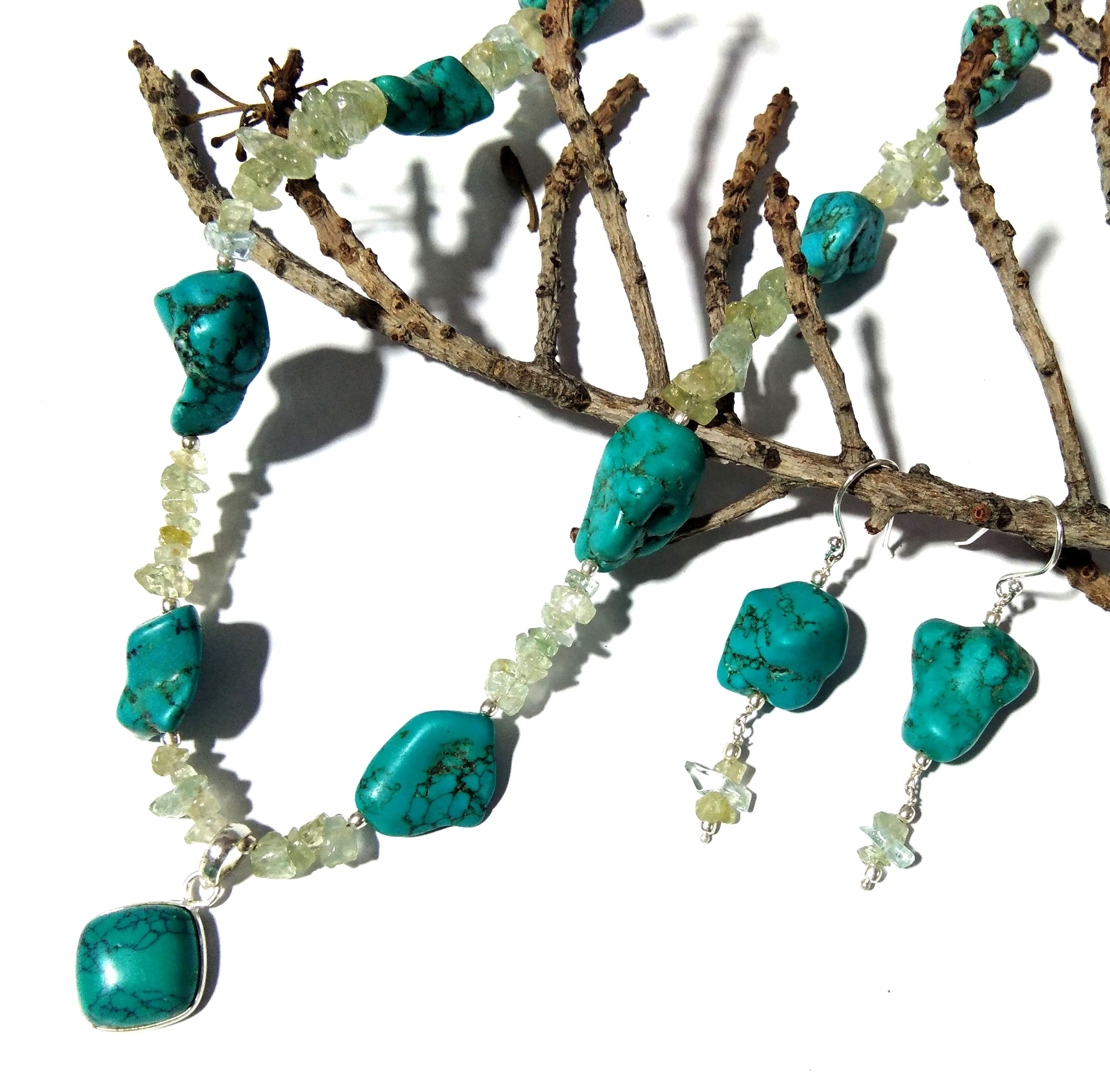 Long Natural Turquoise Rough Gemstone Necklace and Earring Aquamarine Rough Beads Necklace Set 925 Starling Silver Handmade Jewelry For Gift