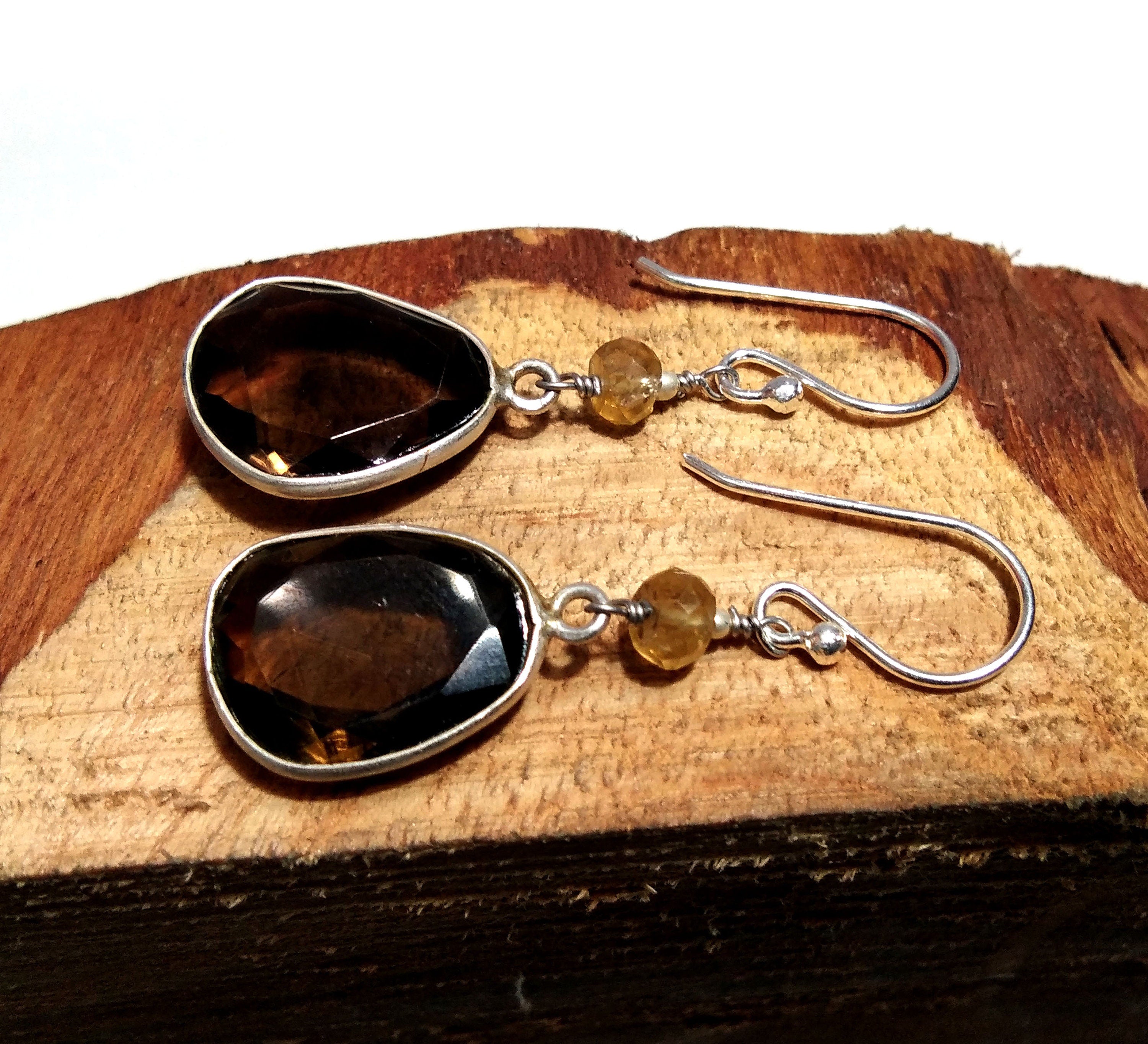 Natural Gemstone Smoky Quartz & Citrine Earrings, 925 Sterling Silver Earring, Handmade Making Bezel Earring, For Girls/Women Gift Jewelry