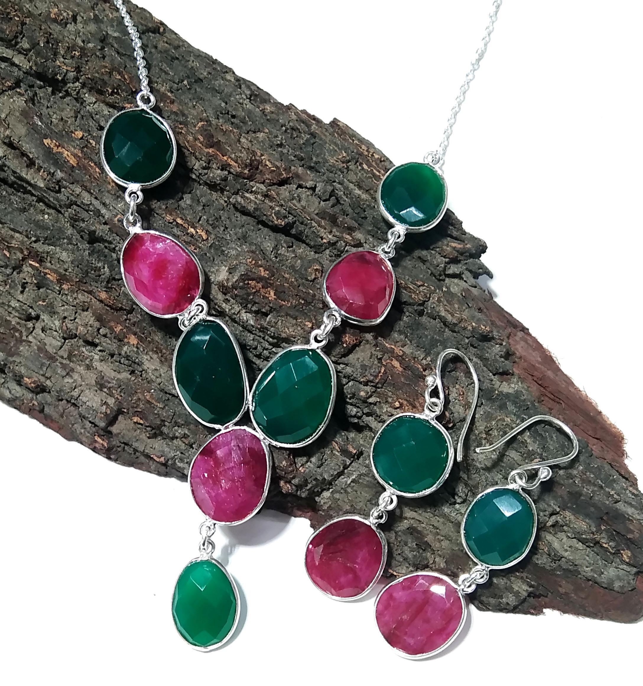 Natural Green Onyx & Red Ruby Necklace and Earring Jewelry Set, 925 Sterling Silver Necklace Earring Jewelry, Gift For Women Birthstone