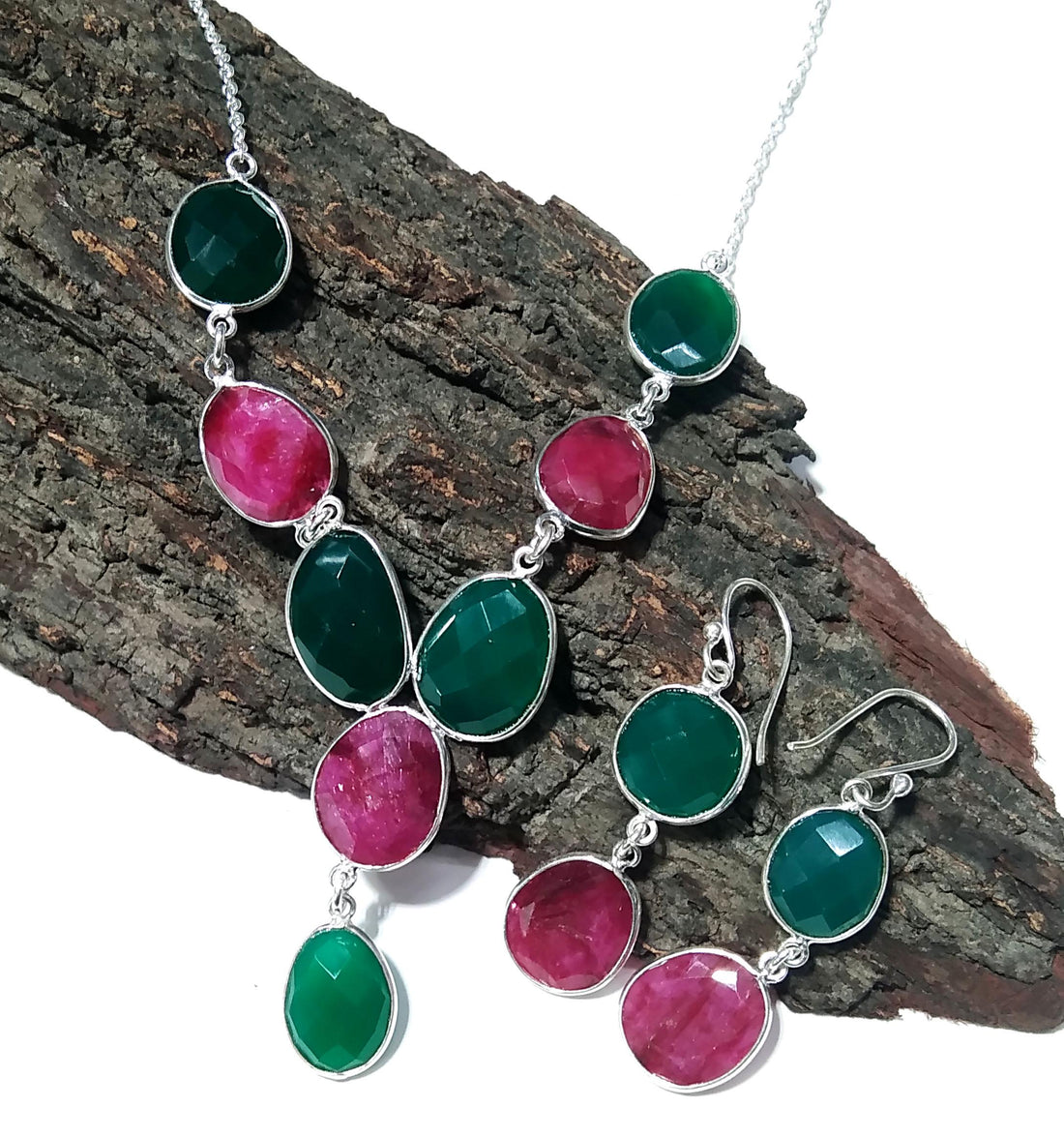 Natural Green Onyx & Red Ruby Necklace and Earring Jewelry Set, 925 Sterling Silver Necklace Earring Jewelry, Gift For Women Birthstone