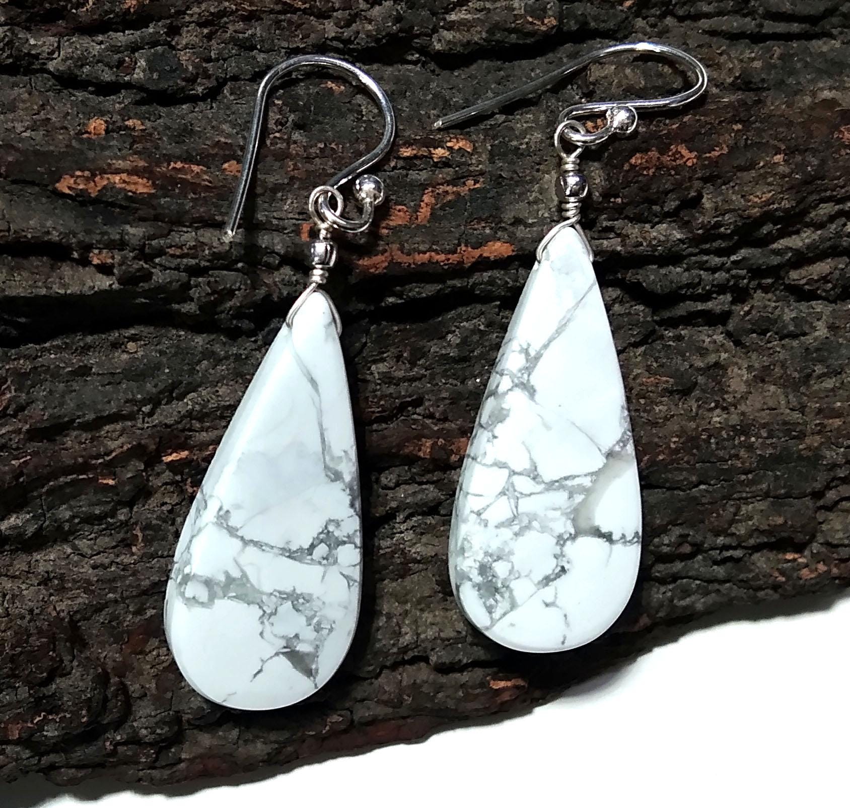 Natural White Buffalo Gemstone Earring, Solid 925 Starling Silver Earring, Beautiful White Buffalo Stone Size 30x13mm Gift For Girls & Women